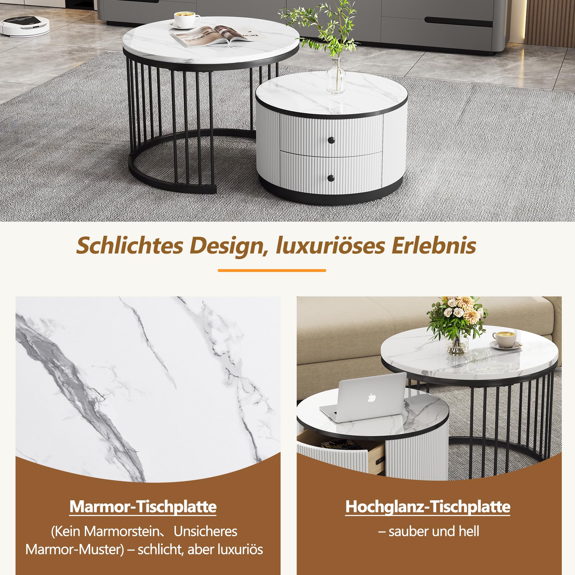 Merax Rund Couchtisch Set, 2-in-1 Beistelltisch Satztisch 2er Modern Elegant Wohnzimmertisch mit Stauraum, Nesting-Kombination, mit hochglänzender Marmoroptik/2 Schubladen, für Wohnzimmer Büro(Weiß