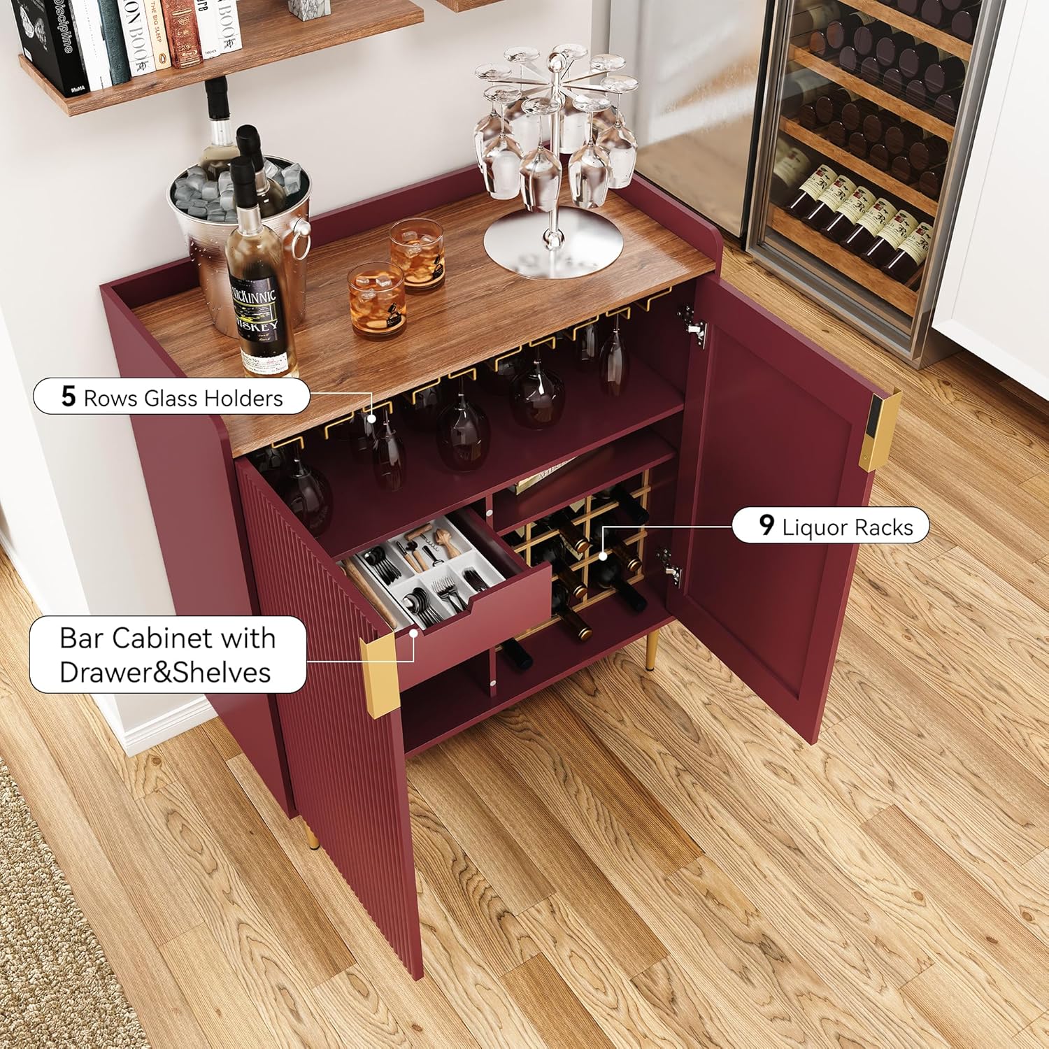 ARTPOWER Coffee Bar Cabinet with Wine Racks, Red Liquor Cabinet with Fluted Texture, Modern Sideboard Buffet Cabinet for Kitchen Dining Room, Living Room