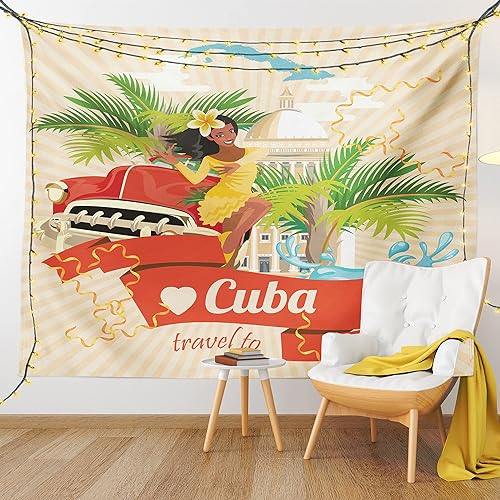 Miniatura 54 de Lunarable Tapiz de La Habana, caballeros que tocan saxofón con sombreros de Panamá y auto rojo nostálgico, colgante de pared para dormitorio, sala