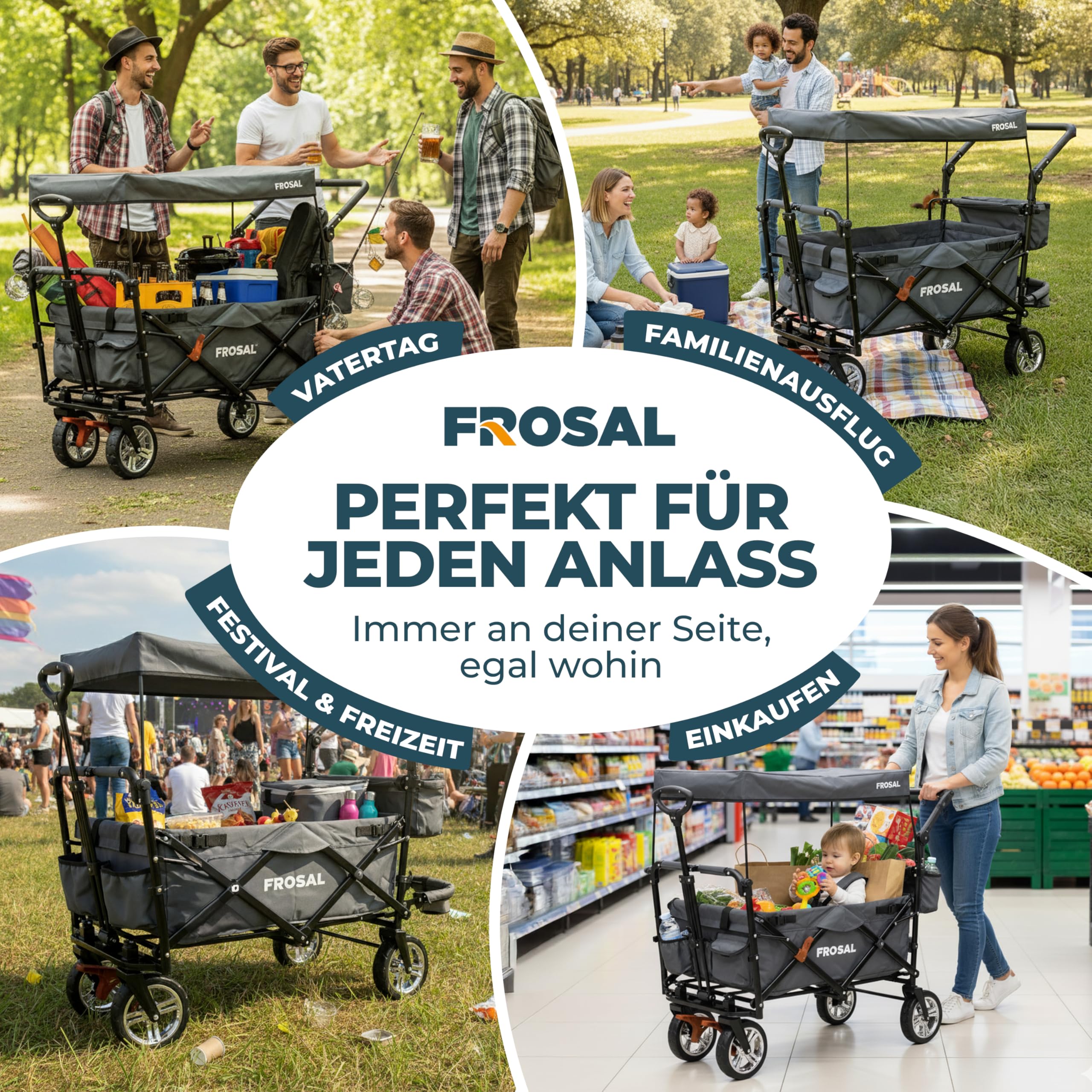 FROSAL Bollerwagen Leo grau – faltbar mit Sonnendach LSF 25 – pannensichere PU-Räder Ø ca. 20 cm – 80 kg Traglast – Vorderräder 360° drehbar – Bremsen vorne & hinten – Schiebegriff & Zugstange