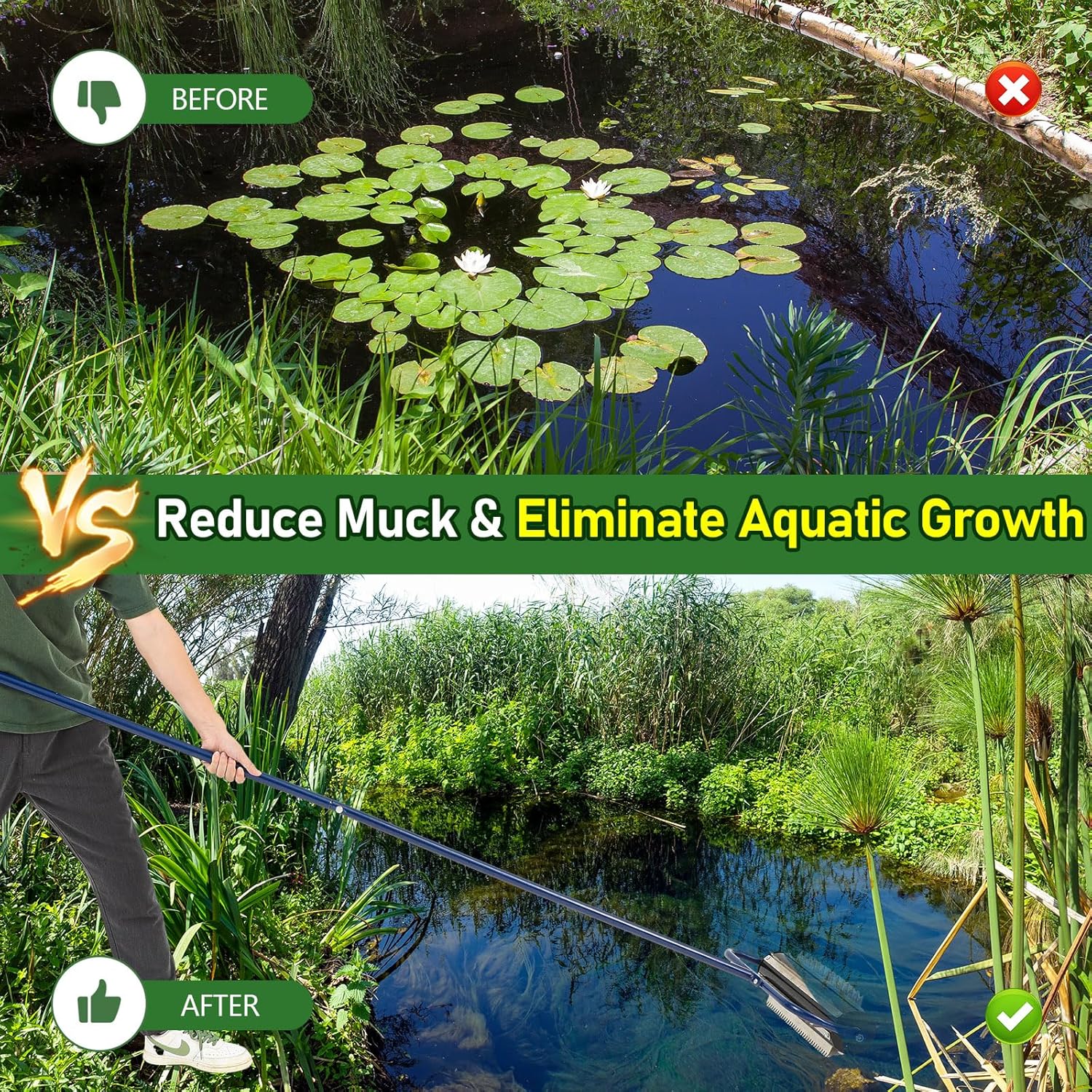 14 ft Roller Pond Rake Stainless Steel Lake Weed Removal Tool, Rid Weeds Roots and Muck Buildup, with 6 Pre Installed Stainless Steel Blades and 4 Aluminum Handles, Easy to Assemble, Blue