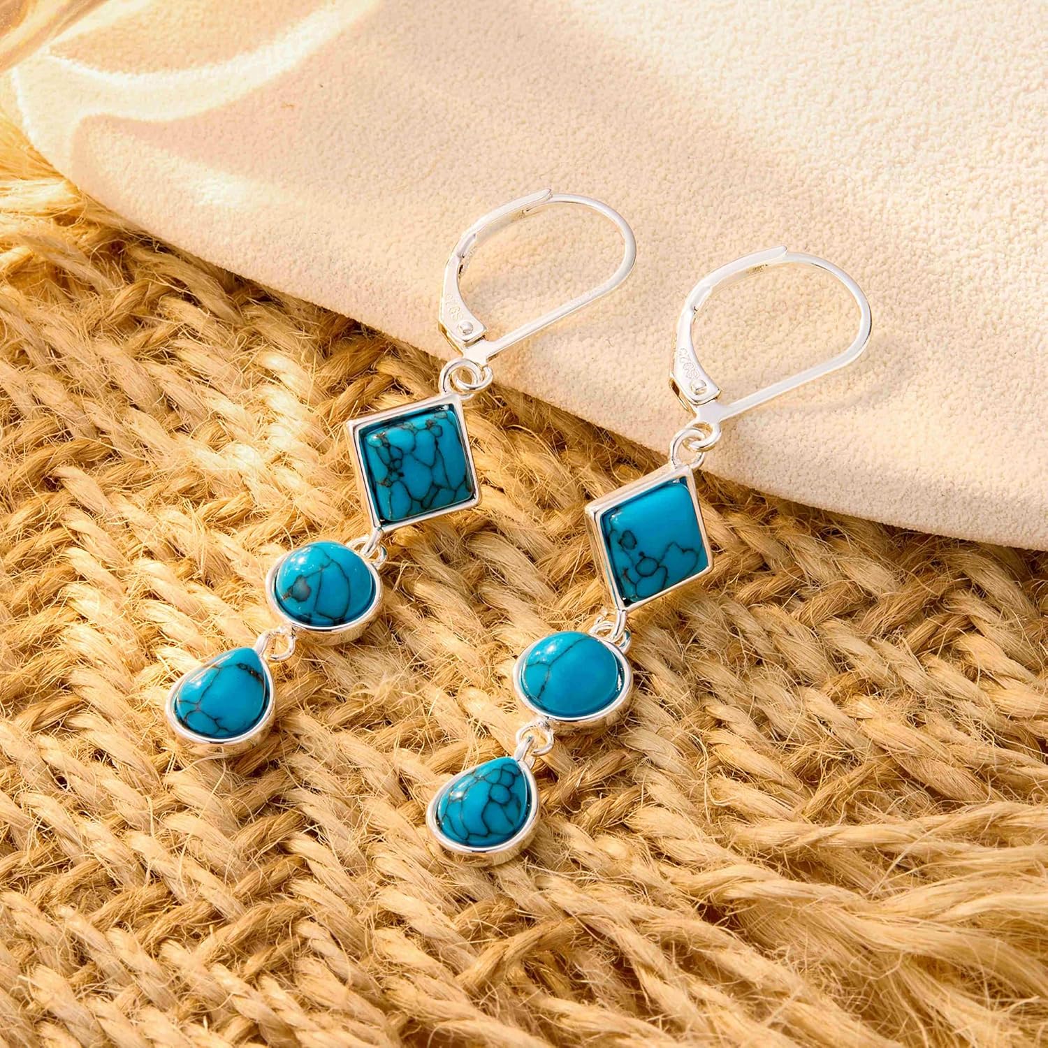 ALEXCRAFT 925 Sterling Silver Dangle Earrings for Women Trendy Hypoallergenic Lightweight Statement 14k Gold Plated Boho Turquoise Jewelry Long Teardrop Round Square Leverback Earrings for Women - Image 3