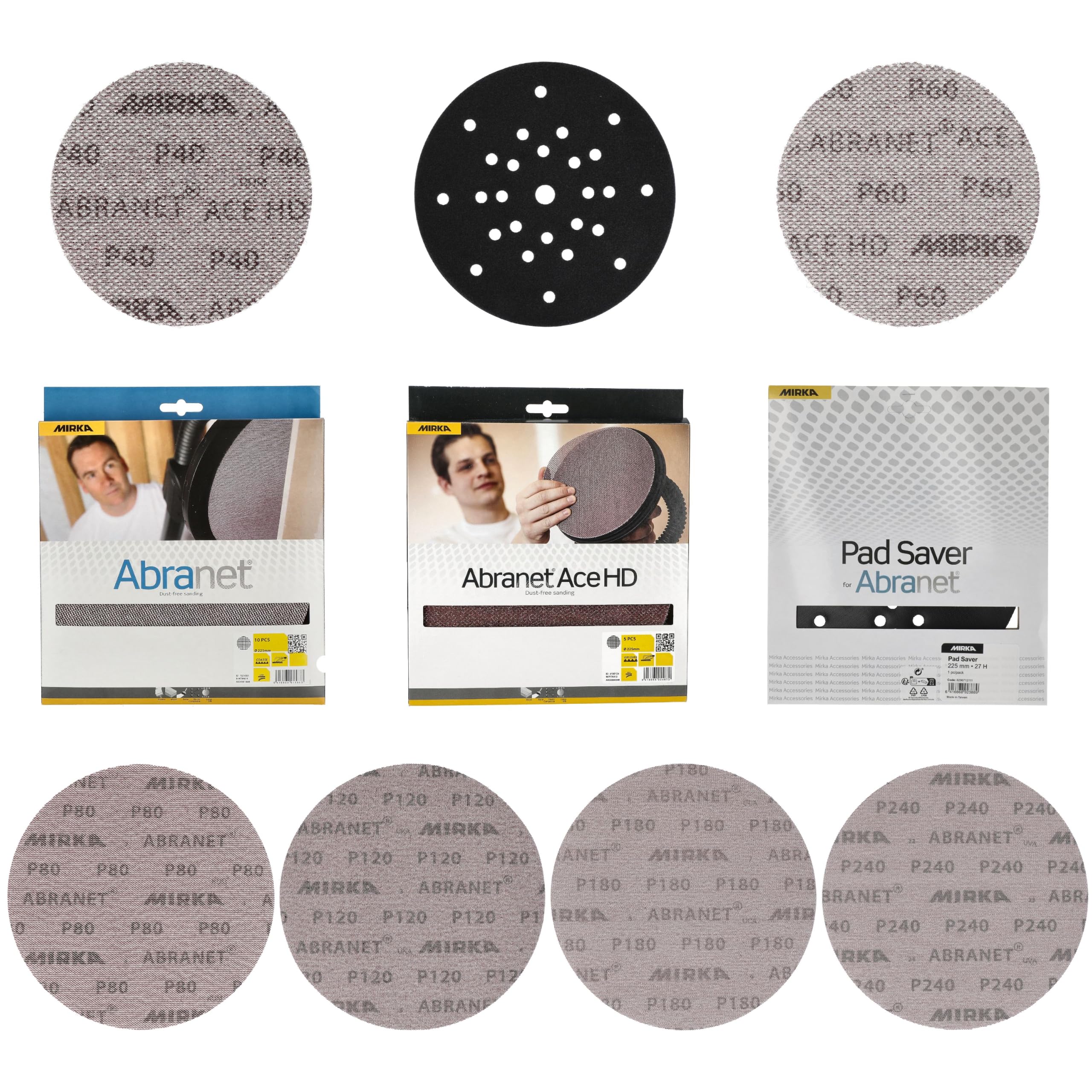Mirka Abranet Ø 225 mm Mix-Pack 51-tlg. Korn 40–180 inkl. Pad Saver Klett | Mirka Abranet Netzschleifscheiben Ø 225 mm Mix-Pack: 51-tlg. Korn 40–180 & Pad Saver, passend für Langhals- & Deckenschleifer