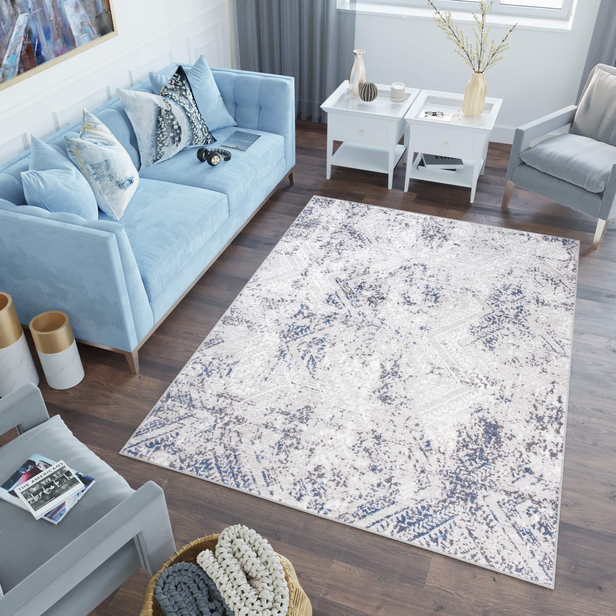 TAPISO Sky Tapis de Salon Chambre Salle à Manger Adulte Bureau Design Moderne Bleu Foncé Gris Vintage Moucheté Géométrique Motif Losanges Poil Court Moelleux 140 x 200 cm