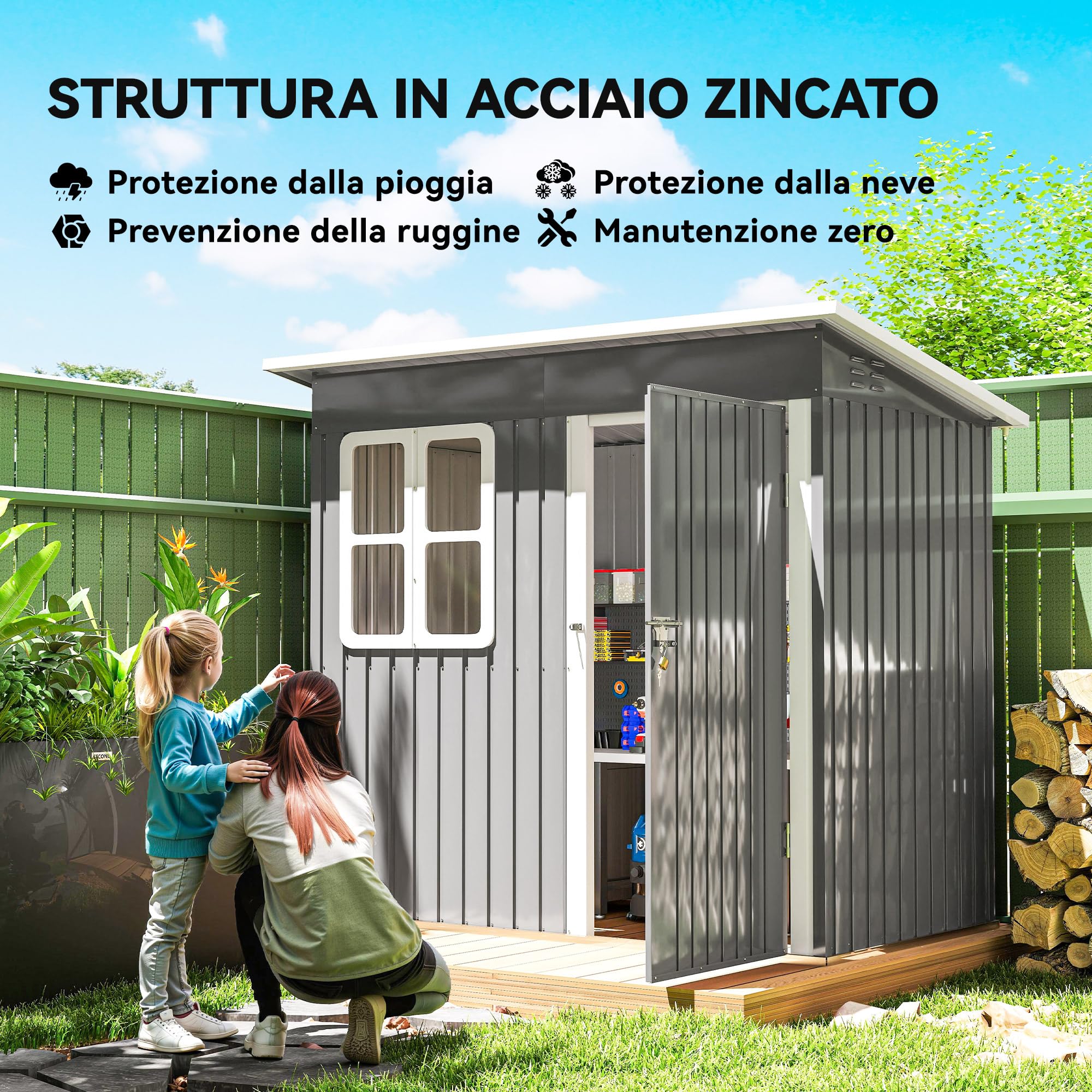 Outsunny Domek na narzędzia 2,55 m², domek ogrodowy z dachem jednospadowym, 221 x 133 x 190/173 cm, szopa na narzędzia z zamykanymi drzwiami, oknem, garażem rowerowym, szafka ogrodowa ze stali, na