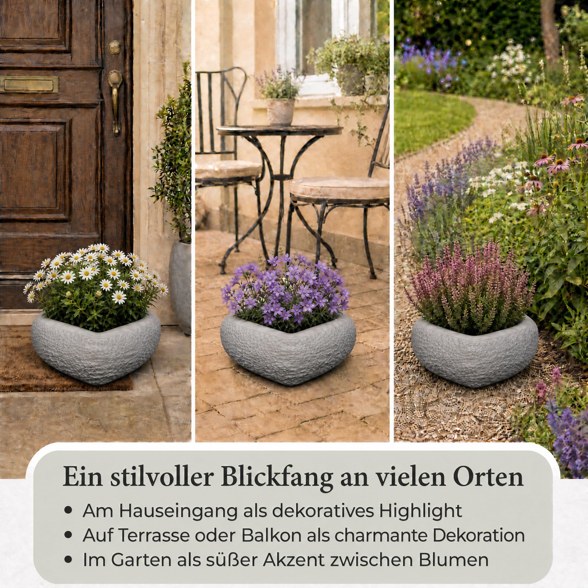 gartendekoparadies.de Vaso per Piante Solido Vaso per Fiori a Forma di Cuore, Altezza 13 cm, 30 x 30 cm, 3,5 Litri, Grigio, Peso 11 kg, in Pietra colata, Resistente al Gelo