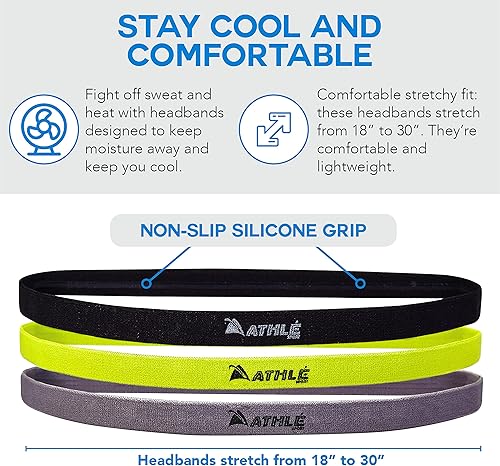 Miniatura 3 de Athlé Skinny Headbands for Women and Men - 6 Pack - Elastic Hair Bands with Non Slip Silicone Grip - Lightweight and Comfortable Thin Headbands