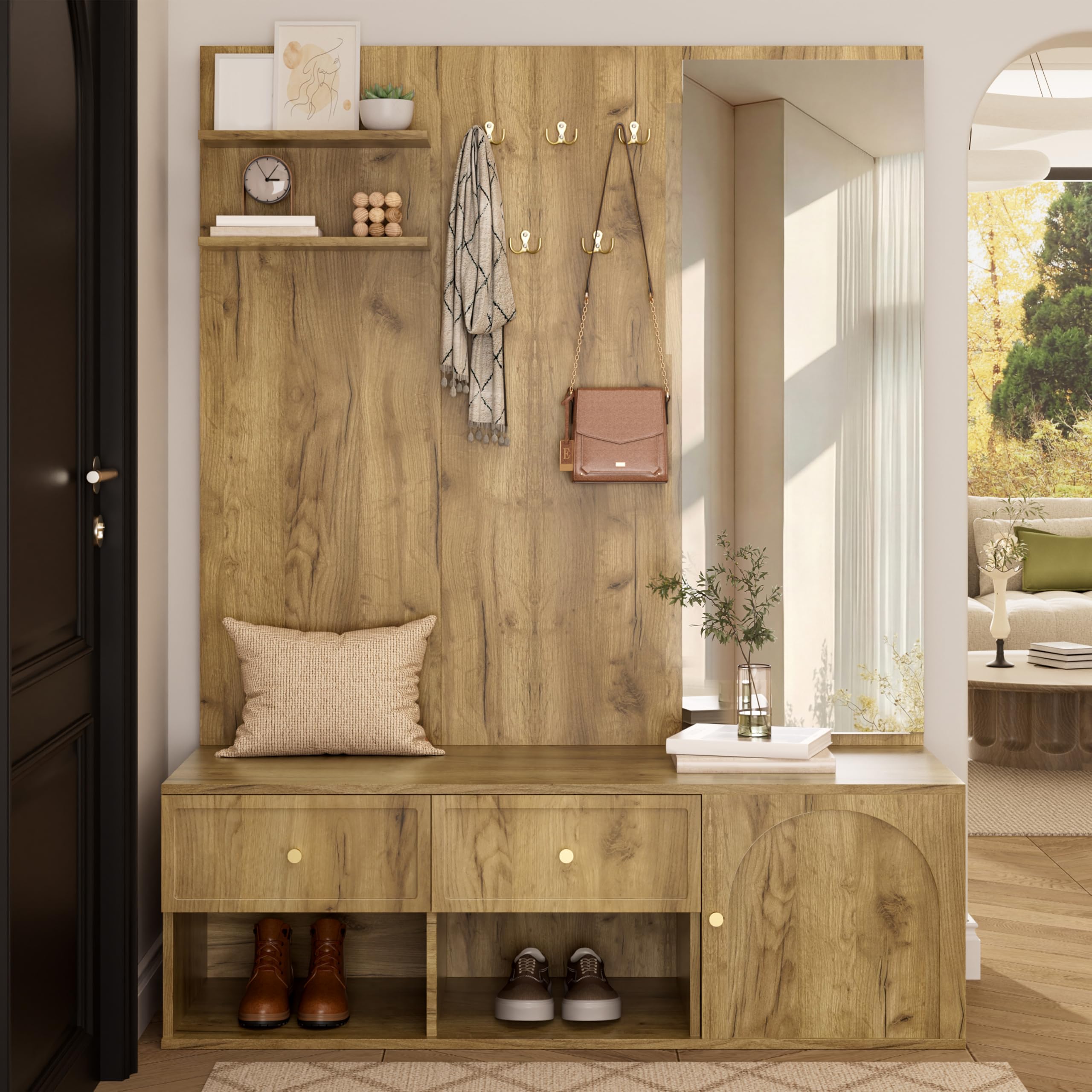 Armadio multiuso, set appendiabiti da parete con cassetti, armadio e mensola sospesa, pannello appendiabiti con 5 ganci, specchio e panca inclusi, colore legno naturale
