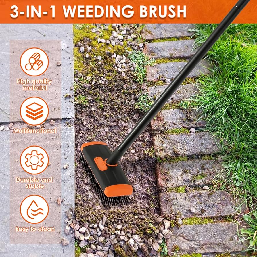 3 In 1 Telescopic Weed Remover Brush Wire Head Paving Decking Clean Scrub Moss Weed Remover Tool Wire Brush Scraper Set With Metal Broom & Weed Removal Head Green