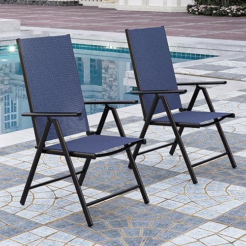 PHI VILLA Juego de 2 sillas plegables para patio al aire libre, sillas de comedor ajustables para patio, sillas reclinables de respaldo alto con
