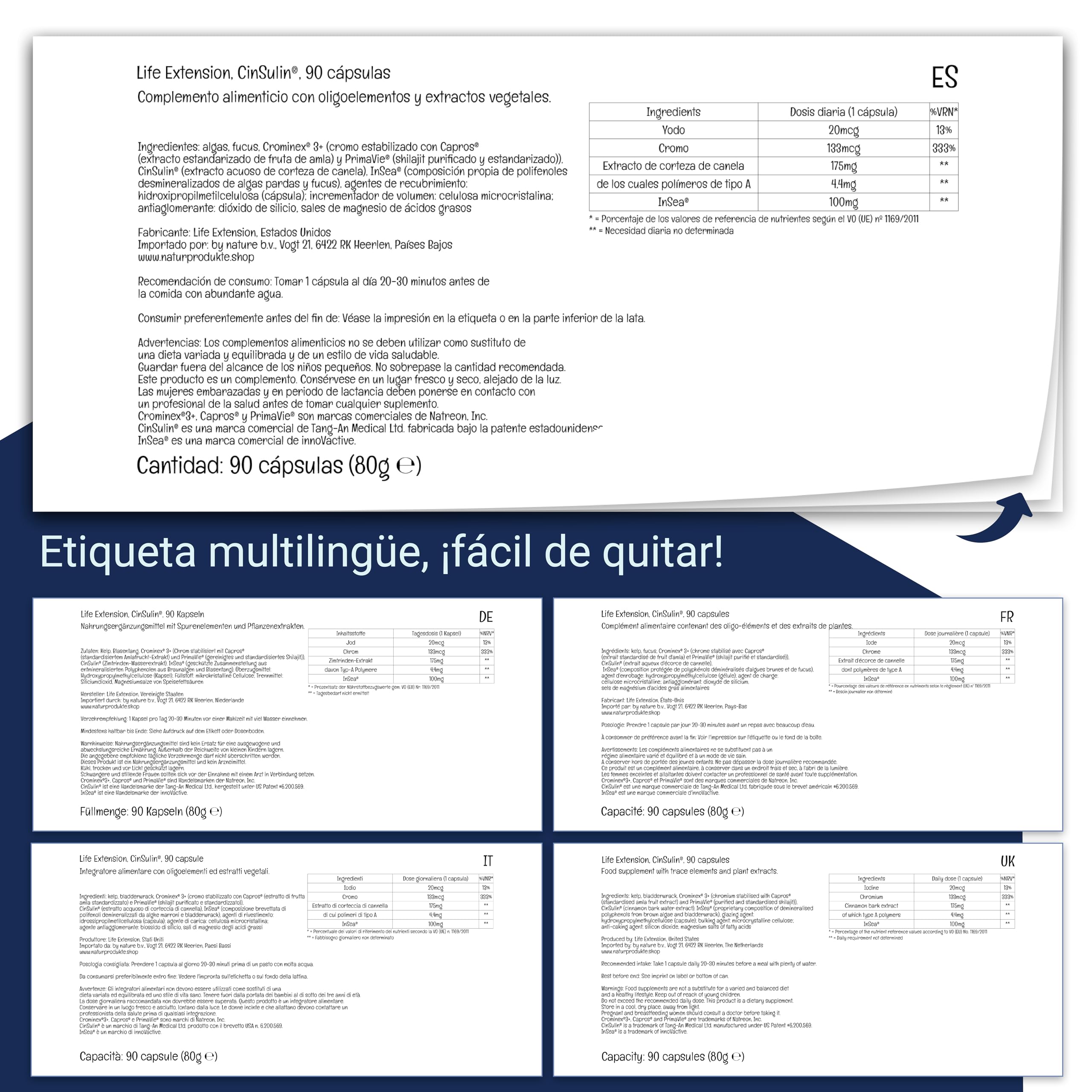 Life Extension, CinSulin with Insea and Chrominex, con Yodo y Cromo, 90 Cápsulas veganas, Probado en Laboratorio, Sin Gluten, Vegetariano, Sin Soja, No GMO