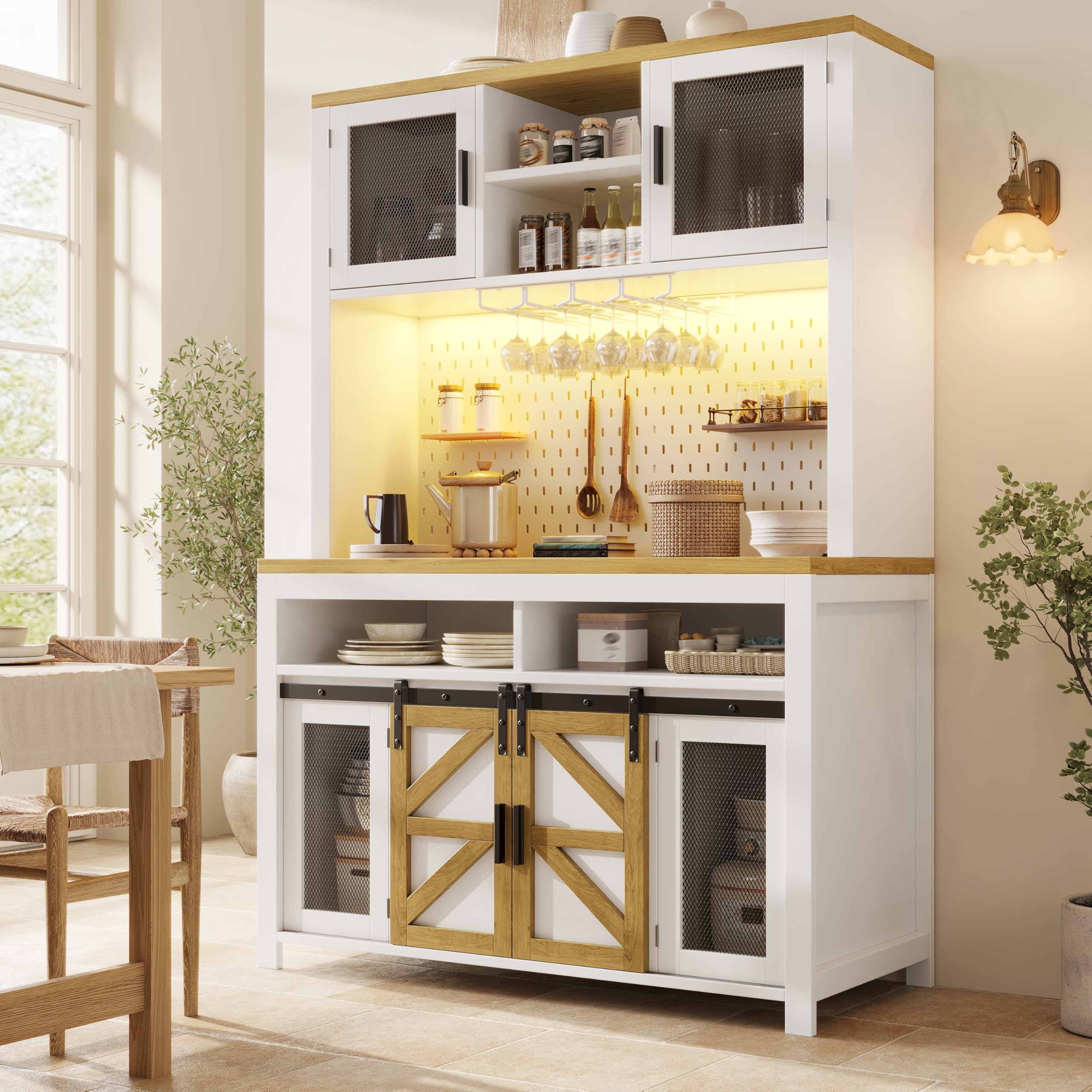 Küchenschrank mit LED-Beleuchtung und USB-Anschluss, Hochschrank mit Multifunktionaler Stauraum, Buffetschrank mit Metallgittertüren und Lochblech, Weiß-B, 120x40x174.5 cm