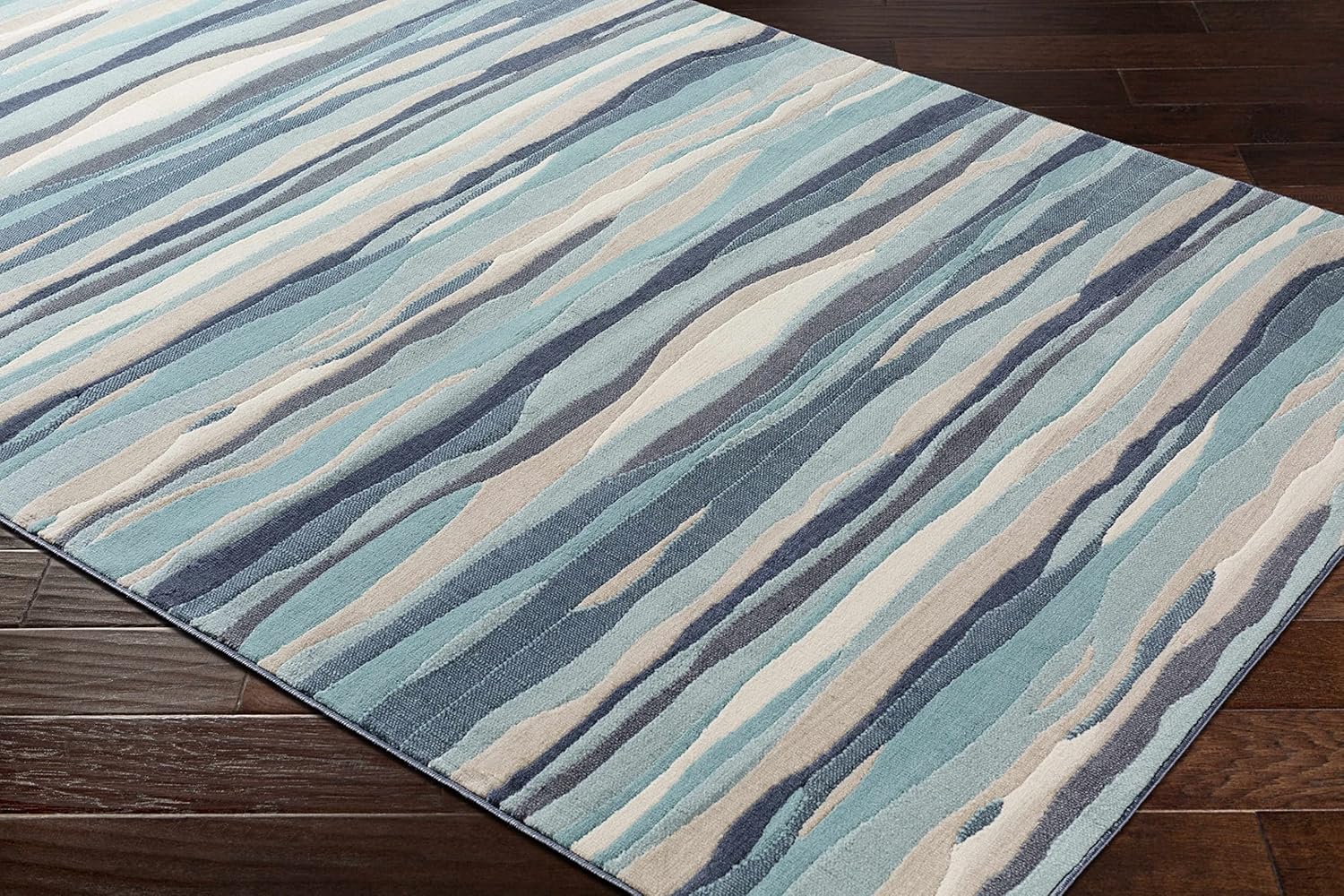 Hauteloom Basco Living Room, Bedroom Area Rug - Modern Wavy Striped Carpet - Blue, Gray, Beige - 5'3" x 7'3"