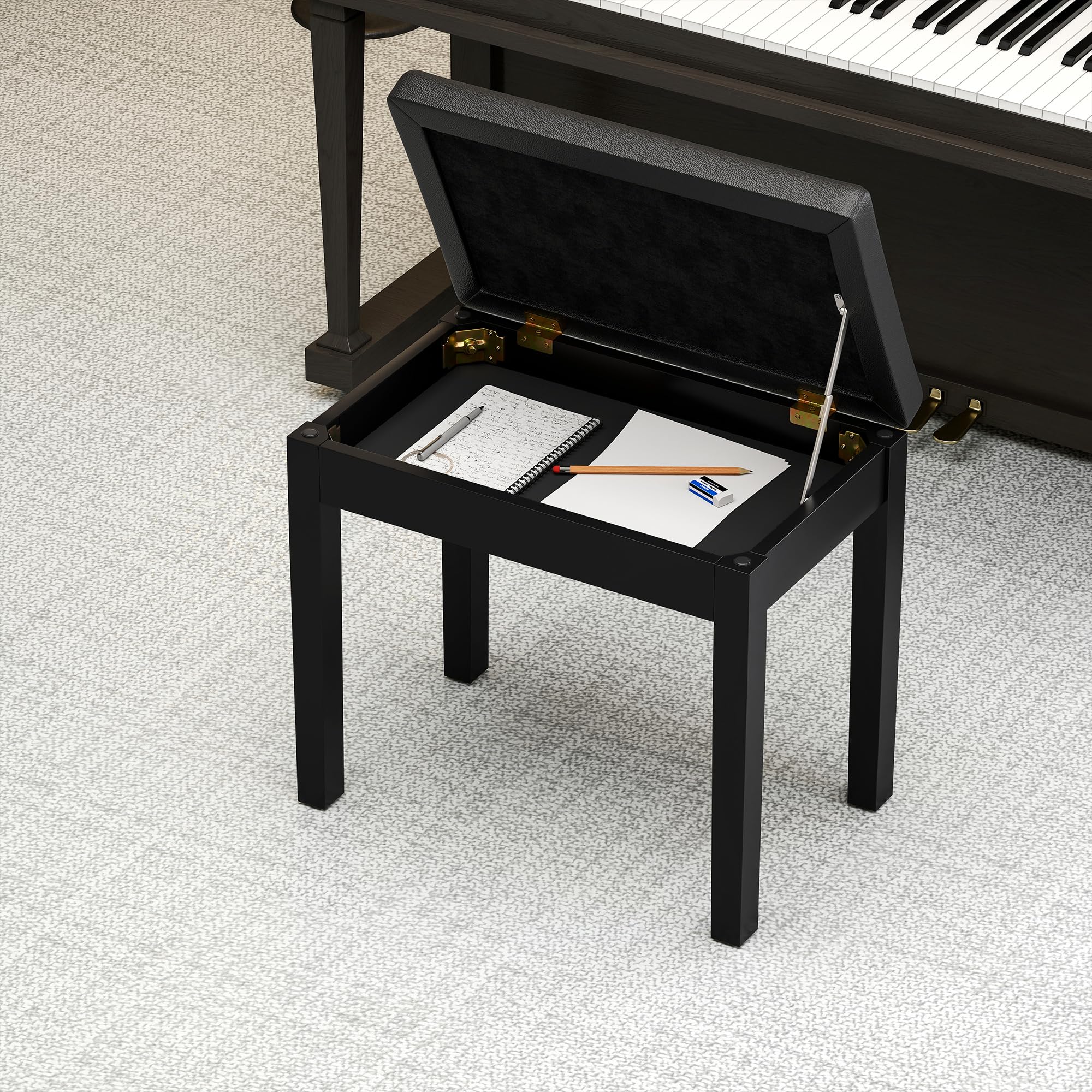 HOMCOM Banc de piano avec espace de rangement, pieds en bois et cuir synthétique, noir, 55 x 34 x 50 cm