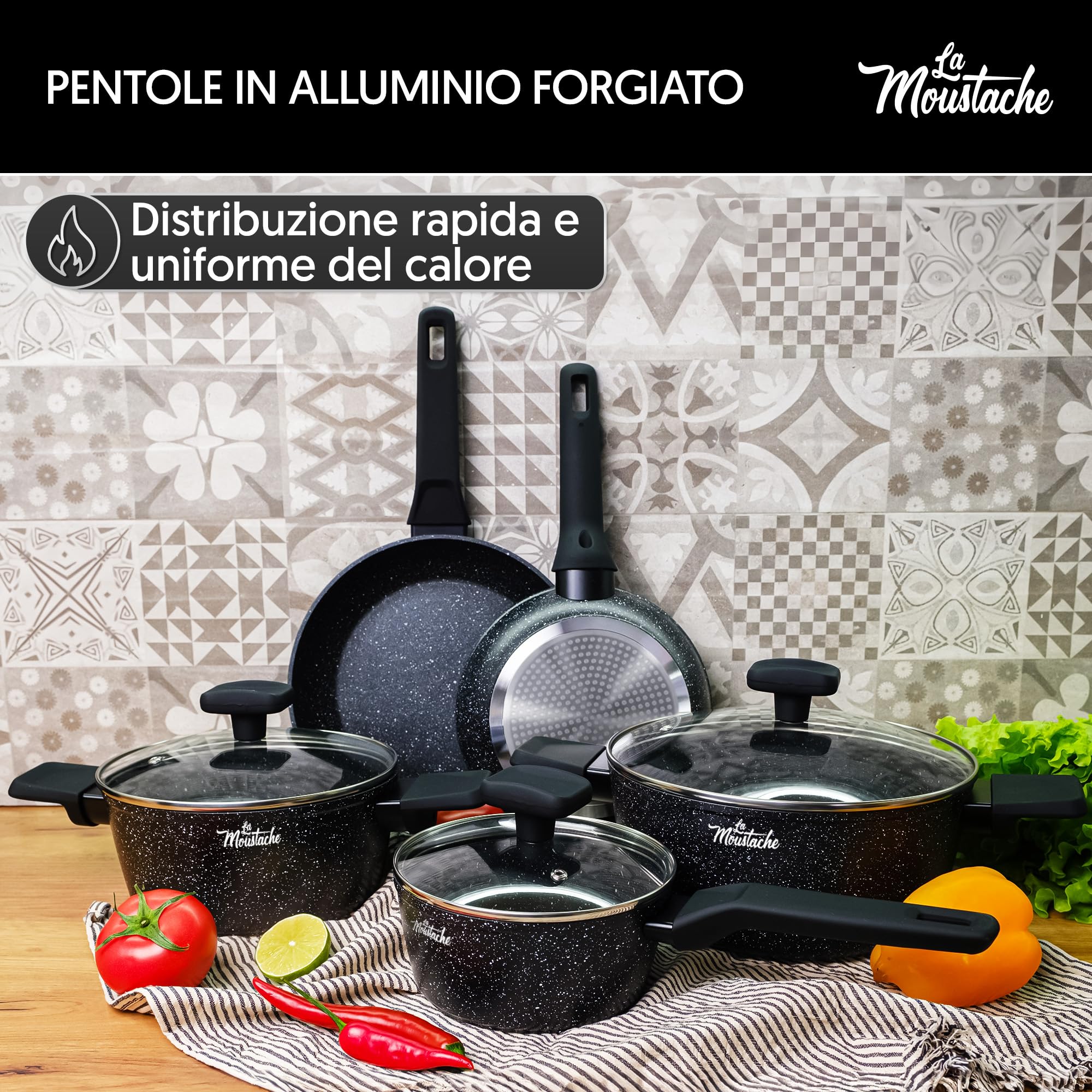 La Moustache - Batteria di Pentole【8 Pezzi】a Induzione in Alluminio con Antiaderente, Set di 3 Casseruole Ø 16/20/24 cm, 3 Coperchi e 2 Padelle Ø 20/24 cm, Manici in Bakelite (Onix)