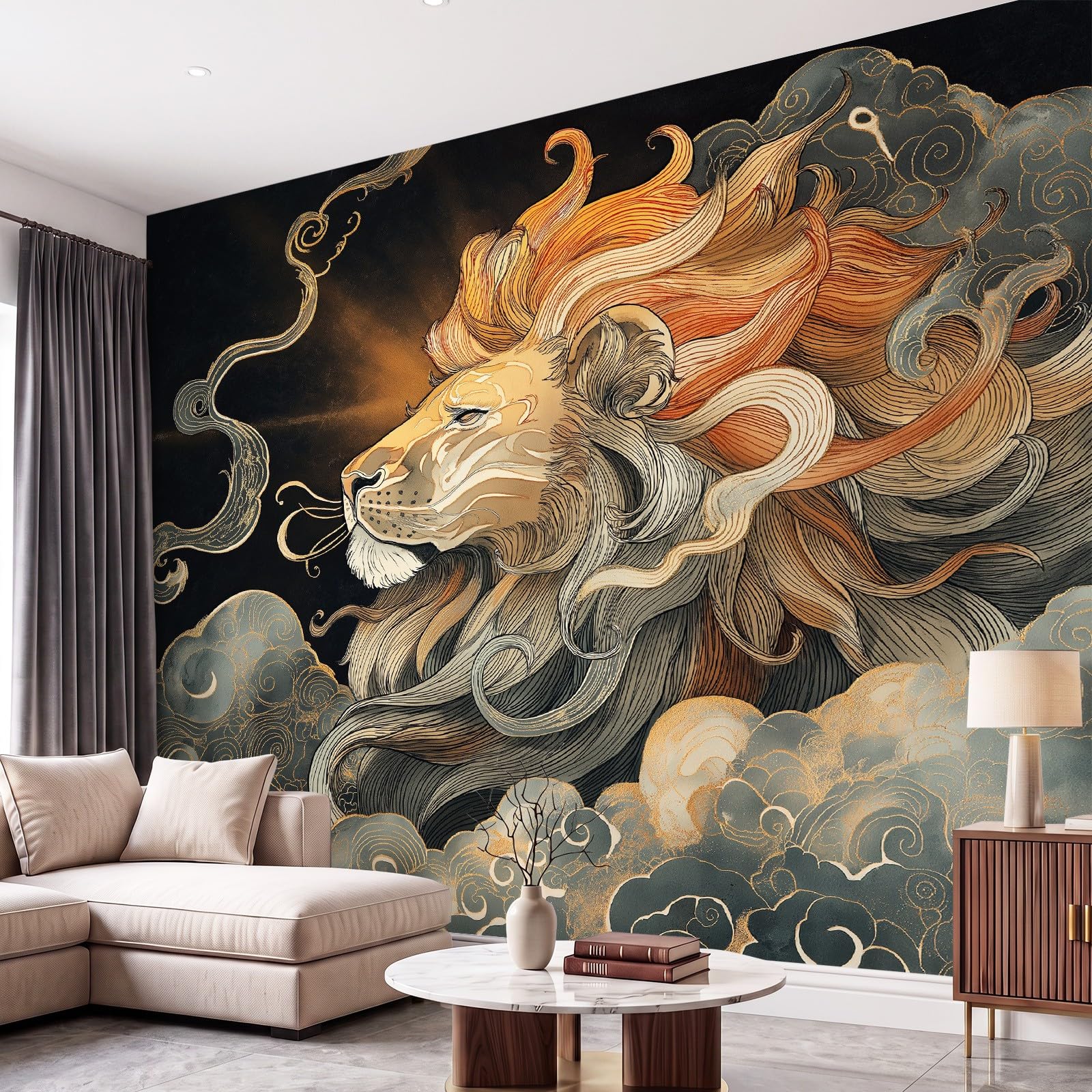 Lion Constellation Swirl Fototapeta z włókniny, fantazyjna tapeta pokrycie ścienne musztardowy żółty do nauki, 250 x 175 cm, sztuka ścienna, salon, sypialnia, dom, biuro, dekoracja plakat