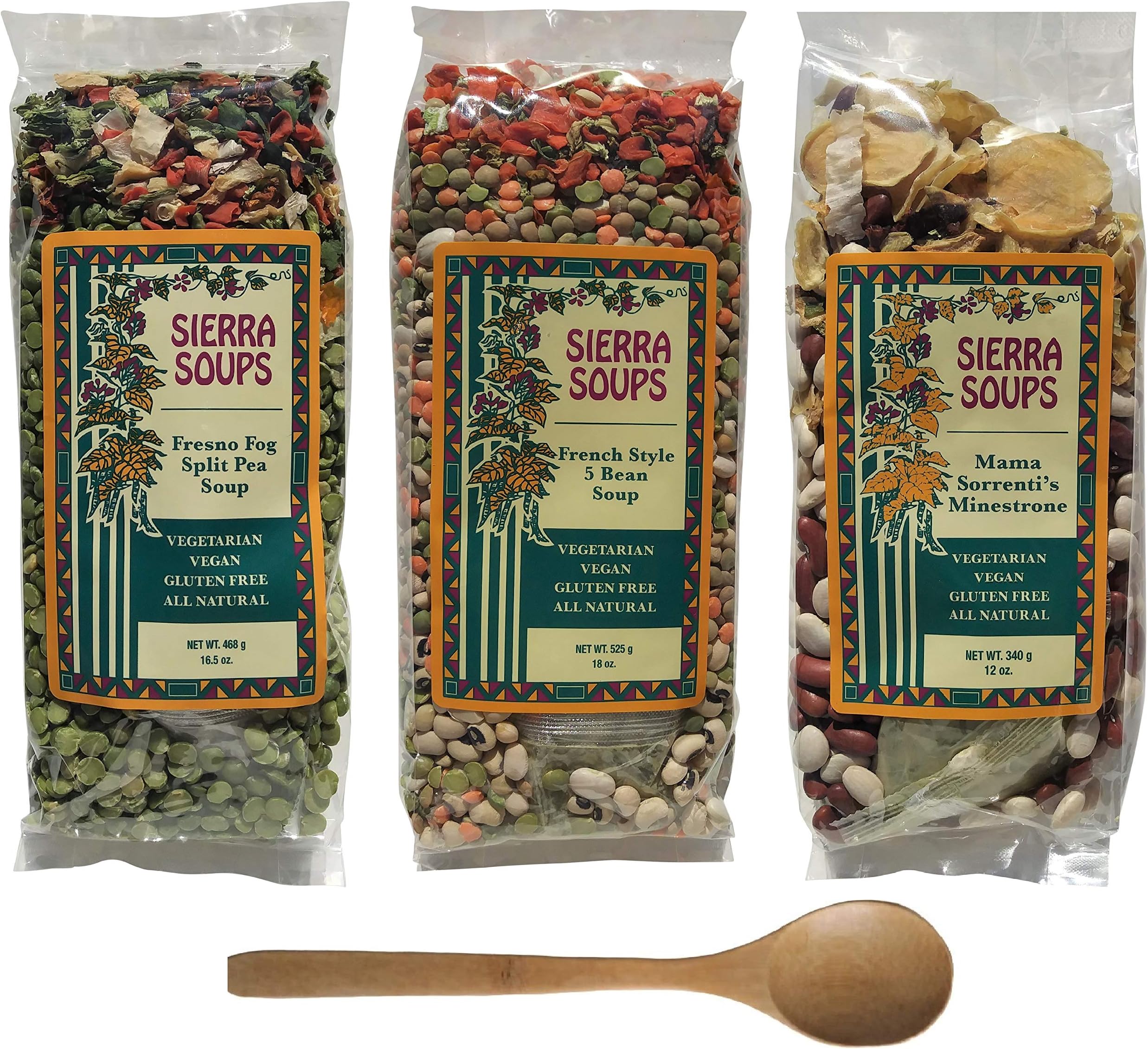 Sierra Soups Healthy, Hearty, All Natural and Gluten Free Soups - 3 Pack Assortment: Fresno Fog Split Pea, French Style 5 Bean & Mama Sorrenti’s Minestrone. Includes Soup Spoon