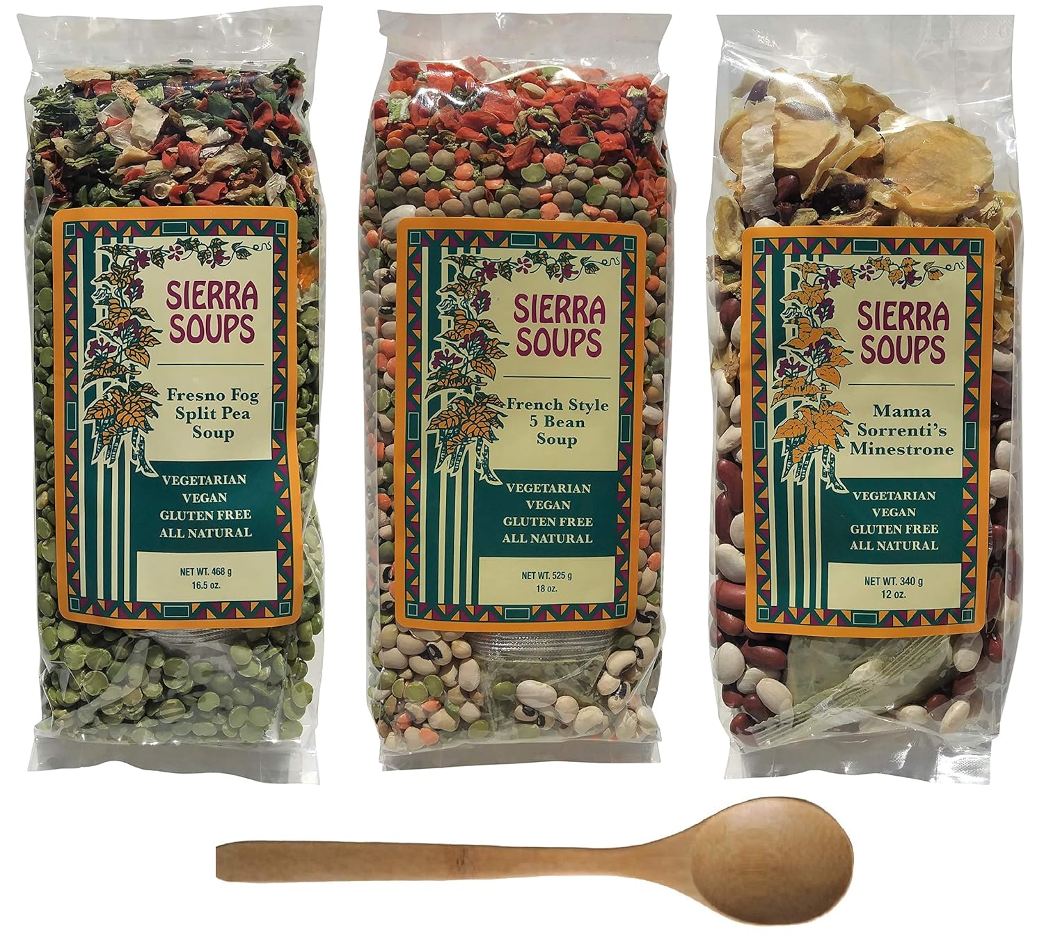 Sierra Soups Healthy, Hearty, All Natural and Gluten Free Soups - 3 Pack Assortment: Fresno Fog Split Pea, French Style 5 Bean & Mama Sorrenti’s Minestrone. Includes Soup Spoon