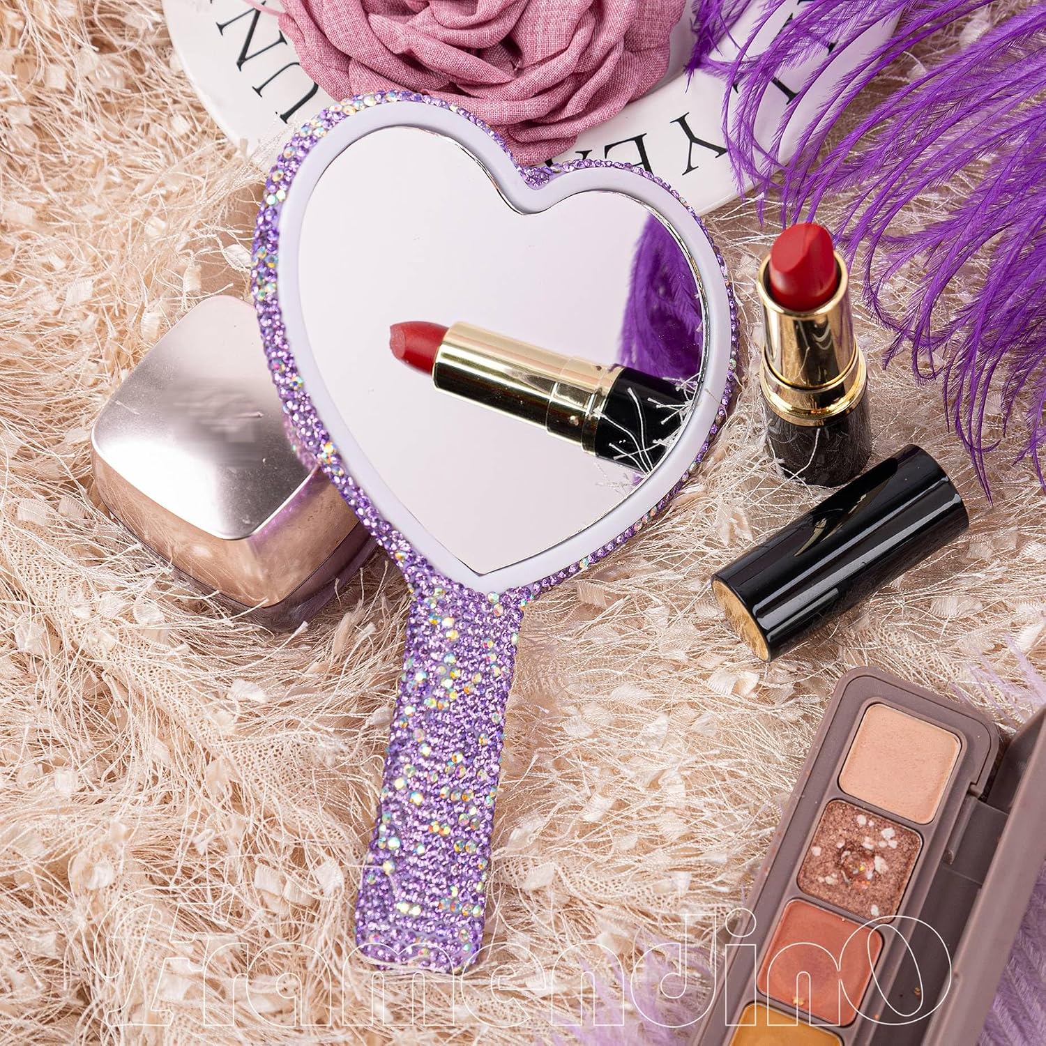 Framendino, Heart Shaped Rhinestone Handheld Cosmetic Mirror for Women (Purple)
