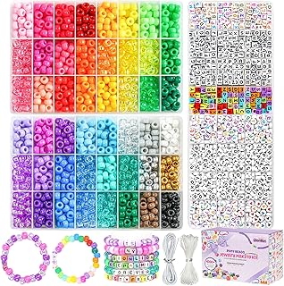 Gionlion 4200Pcs Pony Beads for Bracelet Making Kit, 48 Colors Kandi Beads Bracelet Kit, 2500pcs Rainbow Candy, 1700pcs Friendship Letter Bead with 20 Meter Elastic Strings for Jewelry Making