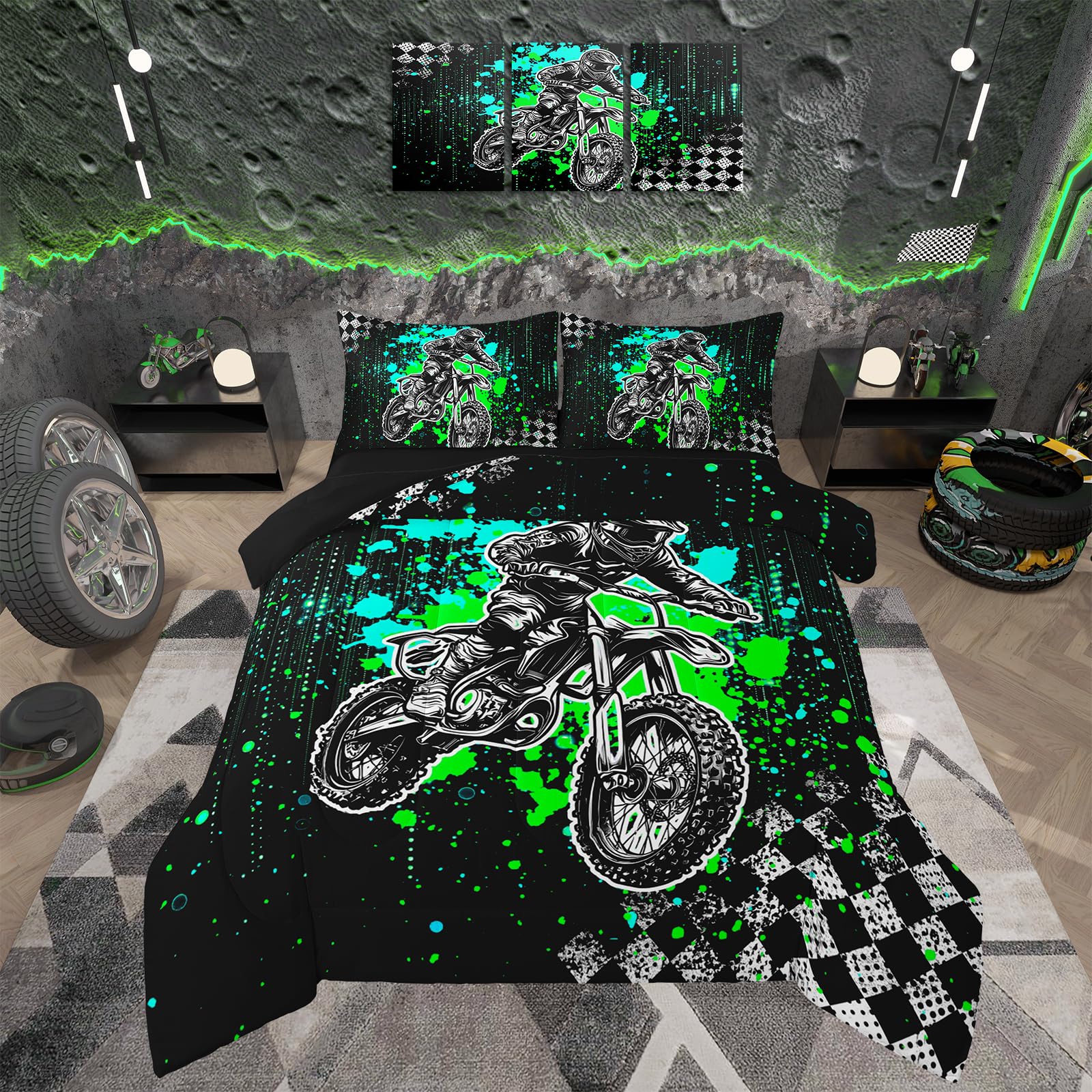 Feelyou Kids Dirt Bike Comforter Set,Racing Motocross Rider Bedding Set Twin Size,Boys Teens Bedroom Room Decor,Extreme Sports Comforter,Motorcycle Bed Set