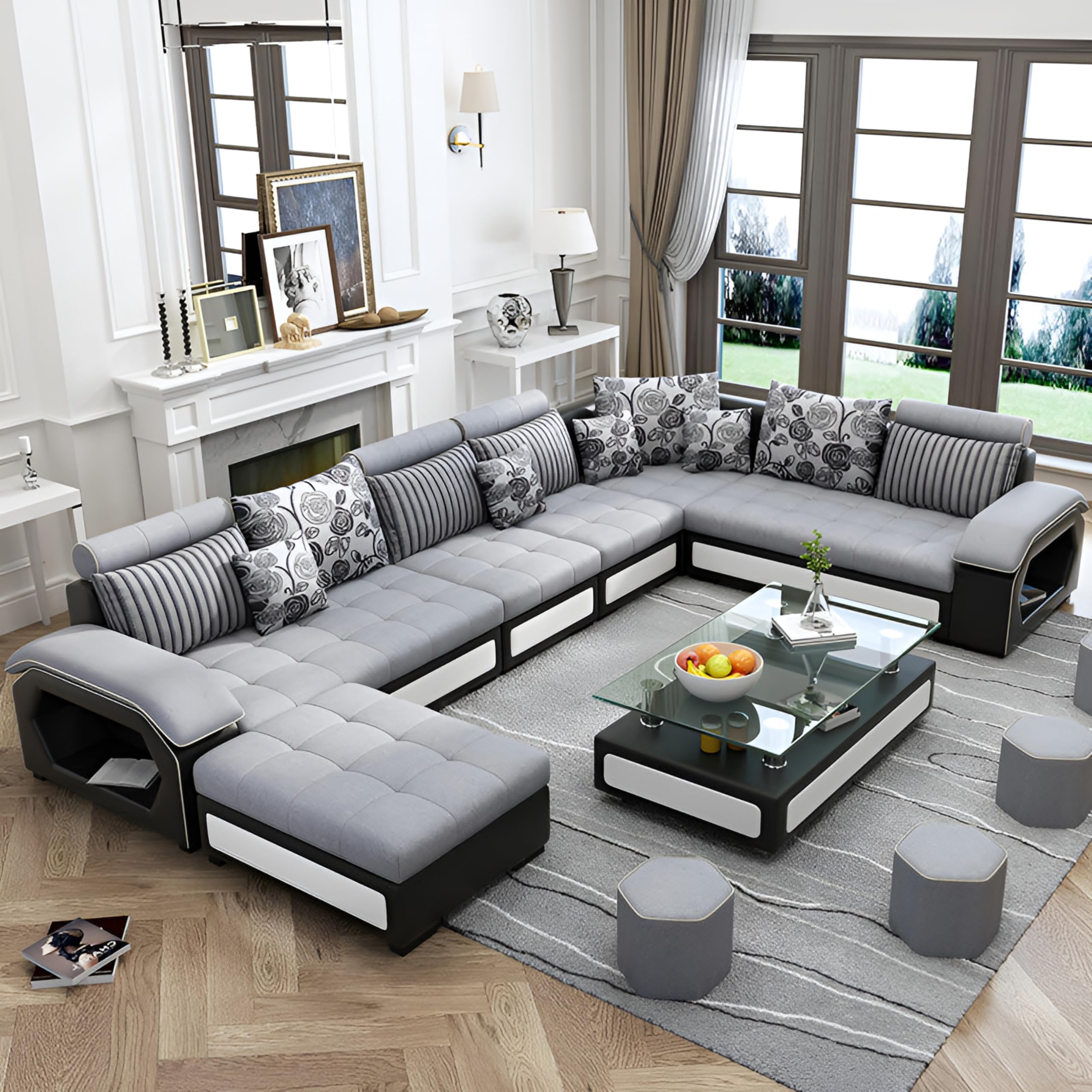 Brown Maple U-Shape Sectional Sofa Set for Home | 10-Seater Fabric Sofa with Tea Table & 4 Puffy | Spacious Seating for 14 Persons | Pre-Assembled, Modern Comfort Design(Grey2)-image-6