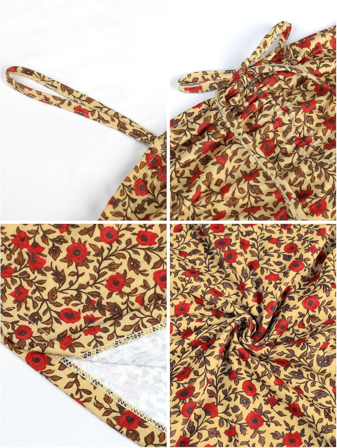 Missufe Women's Summer Floral Midi Sundress Spaghetti Strap Drawstring Front Fit and Flare Casual Beach Dresses