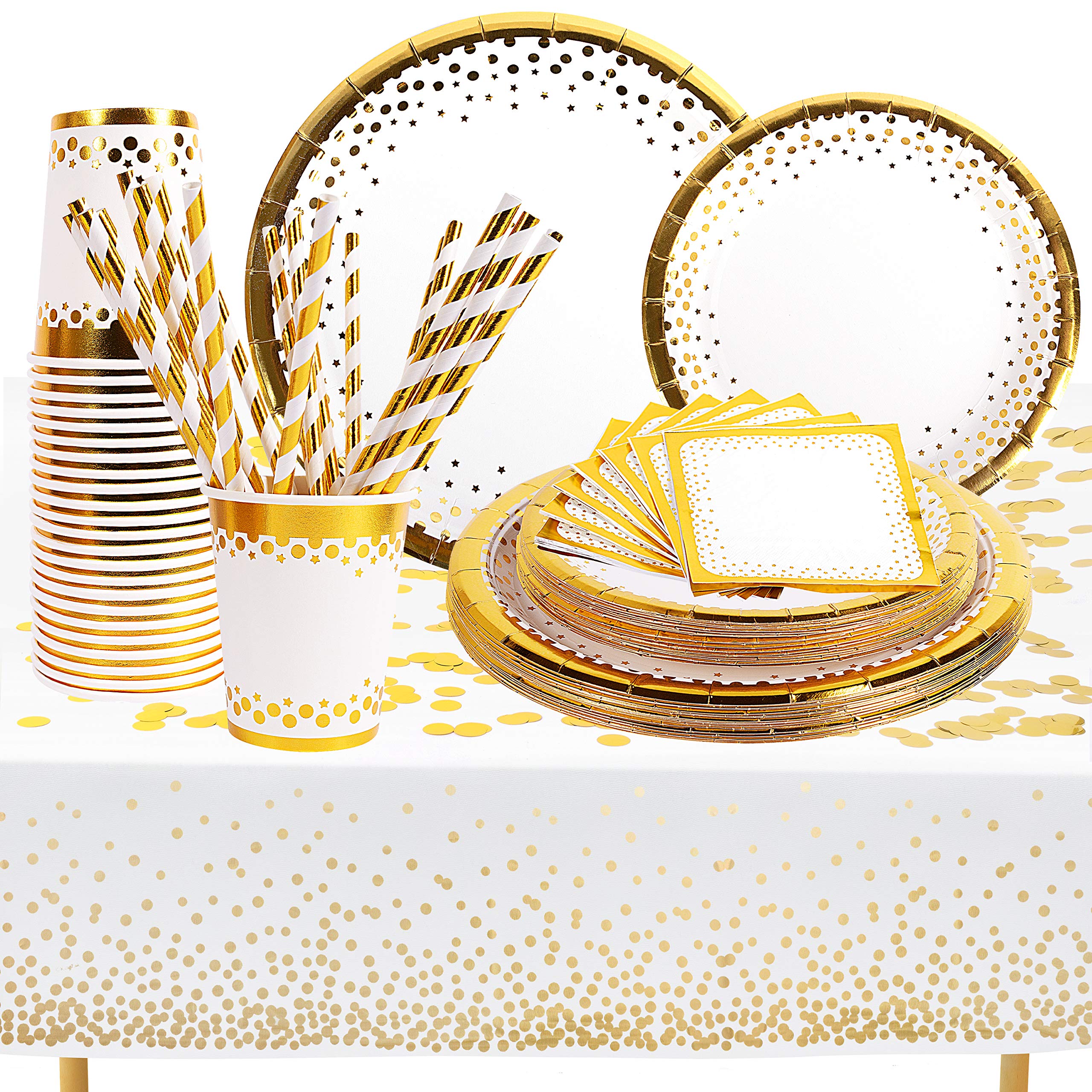Gold Party Supplies Set - Disposable Paper Dinnerware Set Serves 24 - White and Gold Dinner/Dessert Party Plates, Napkins, Cups, Straws, Gold Tablecloth, Confetti For Wedding Bridal Showers, Brunch Decorations, Birthday Decorations and Baby Showers