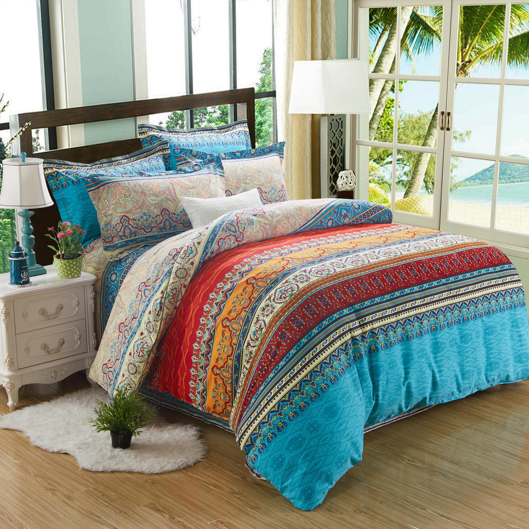 Qucover Set 3PZ Copripiumino Matrimoniale 220x240 cm in 100% Cotone, Biancheria da Letto Due Piazze, e 2 Federe 50x75 cm, Copripiumino Etnico di Stile Boemia