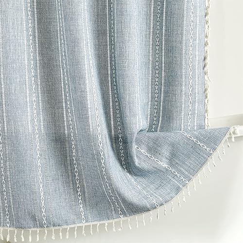 Miniatura 3 de RoomTalks Cortina de ducha moderna azul de 84 pulgadas de largo, decoración de baño, estilo bohemio, elegante, de lino, con ganchos