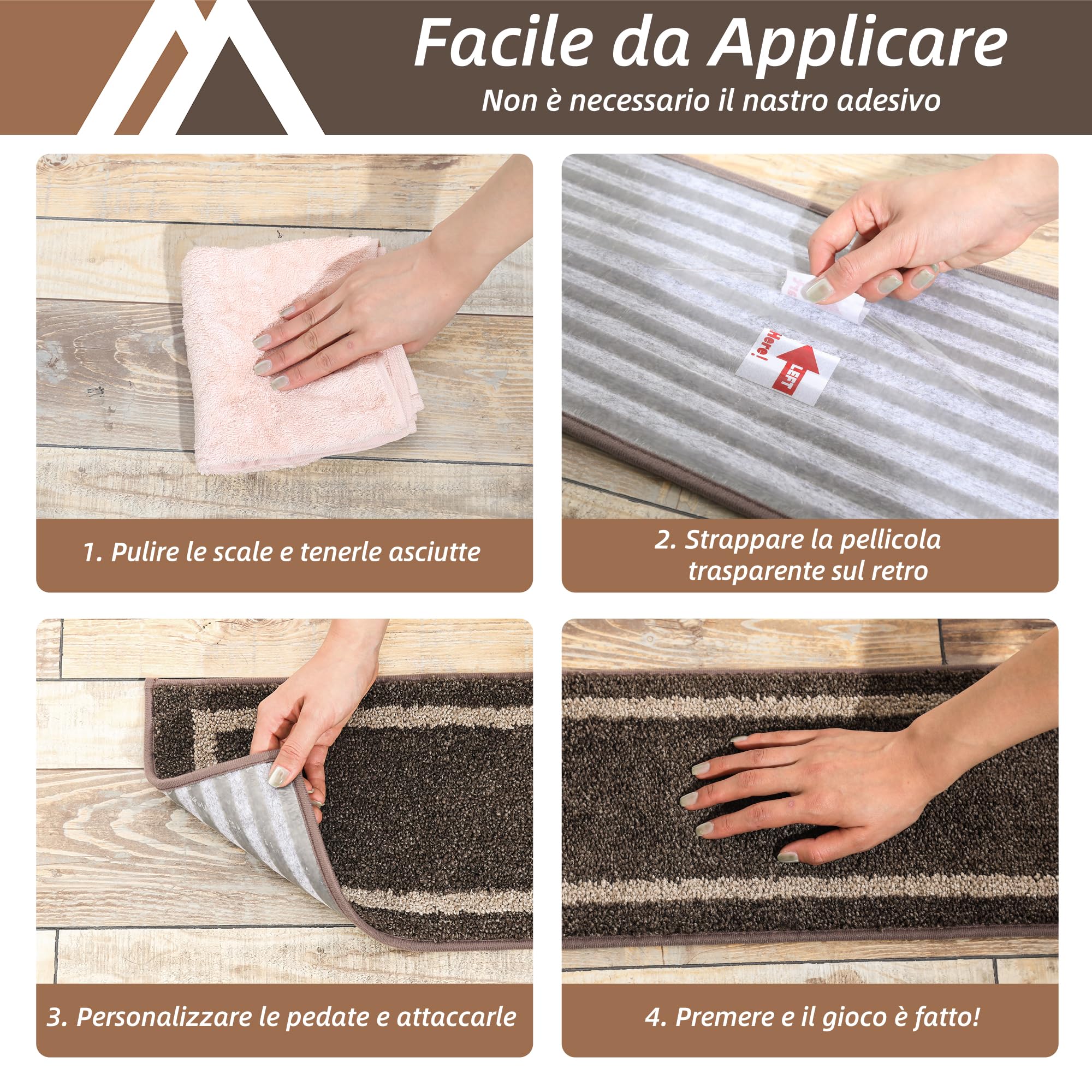 COSY HOMEER Tappetini Per Gradini, 70 x 22 cm, 4 Pezzi, Autoadesivi Tappeto Per Scale Antiscivolo Retro in TPE Lavabili in Lavatrice 100% Poliestere, Marrone