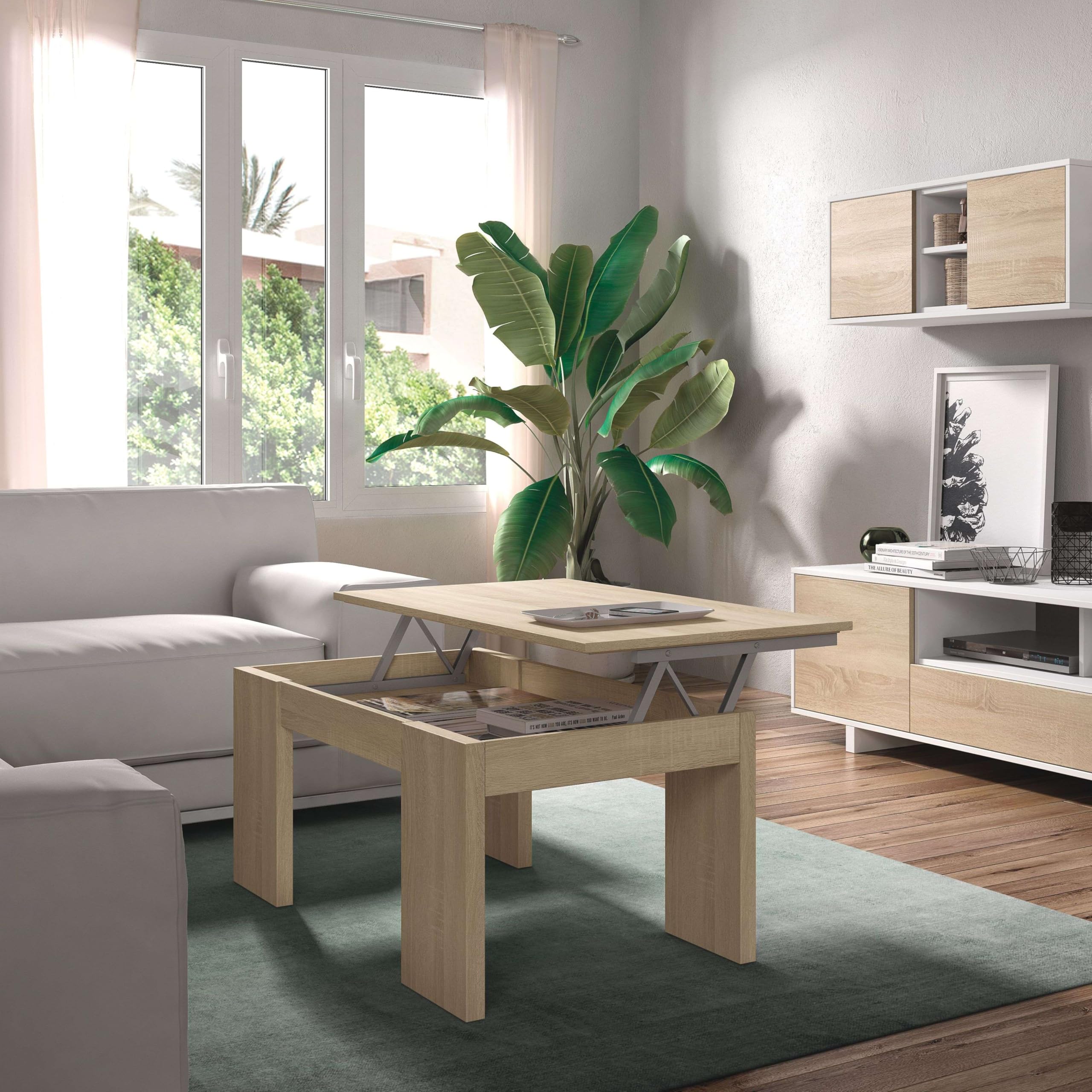 Habitdesign - Mesa de Centro Elevable Kendra, Mesita Auxiliar de Salón o Comedor con Almacenaje Interior, Roble Canadian, Medidas: 100x50x45-56 cm