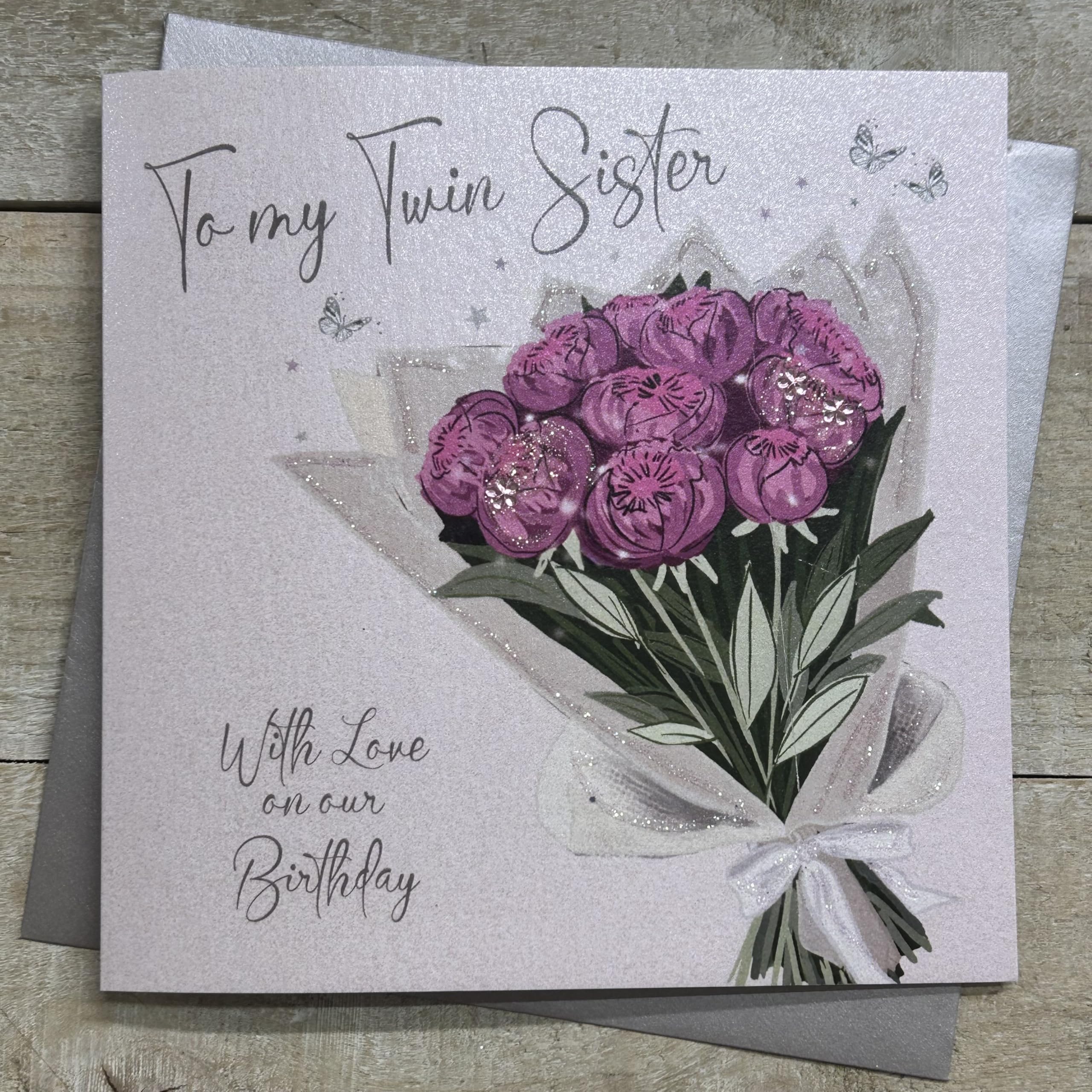 WHITE COTTON CARDS TWIN SISTER BIRTHDAY CARD - BOUQUET OF PINK PEONES DESIGN. HAND FINISHED (DP110)