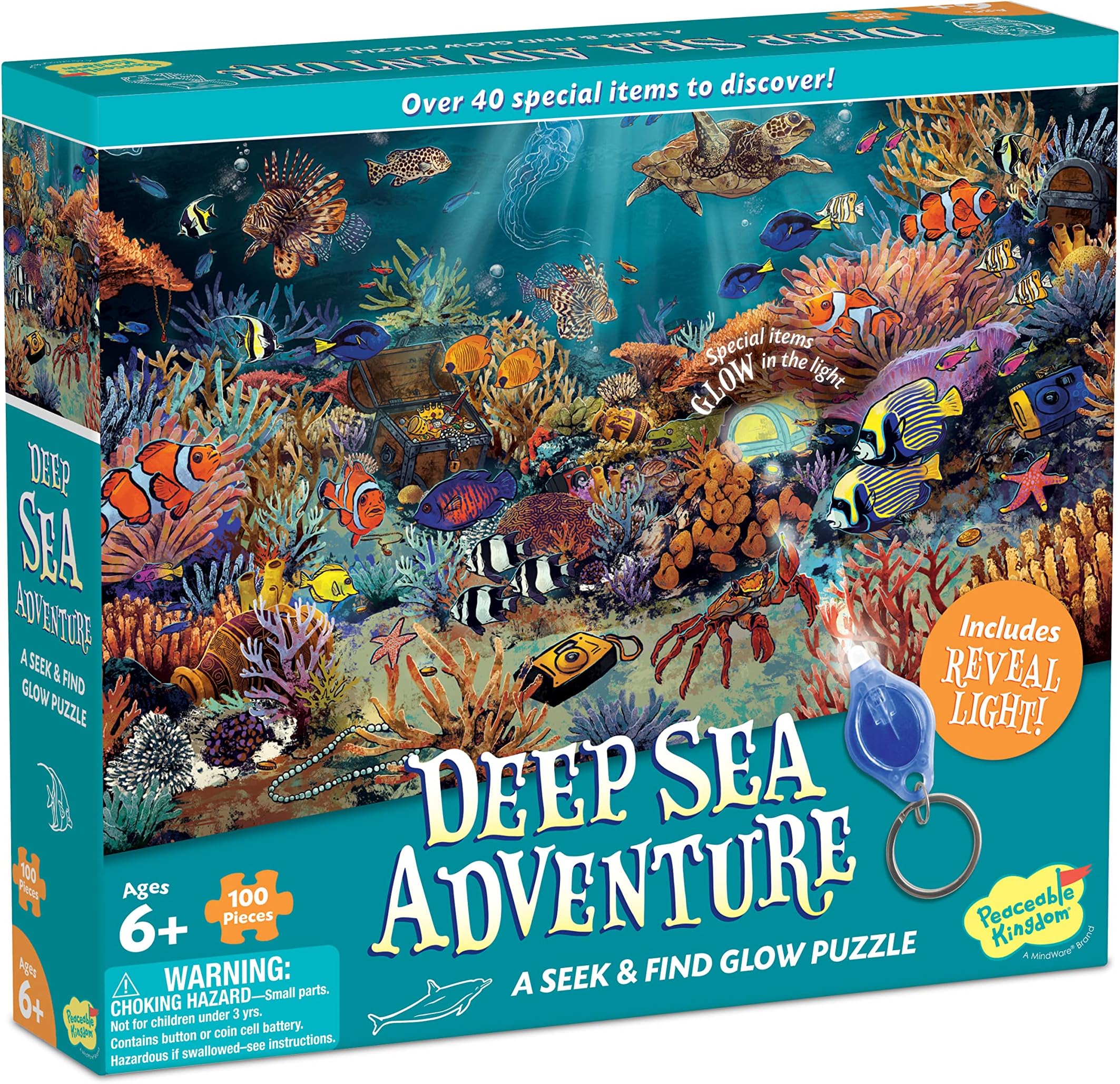 Peaceable Kingdom Deep Sea Adventure Puzzle – 100-Pc. Seek & Find Glow Puzzle for Kids Ages 6 & Up – Included Blacklight Reveals Hidden Items – Great Family Puzzles