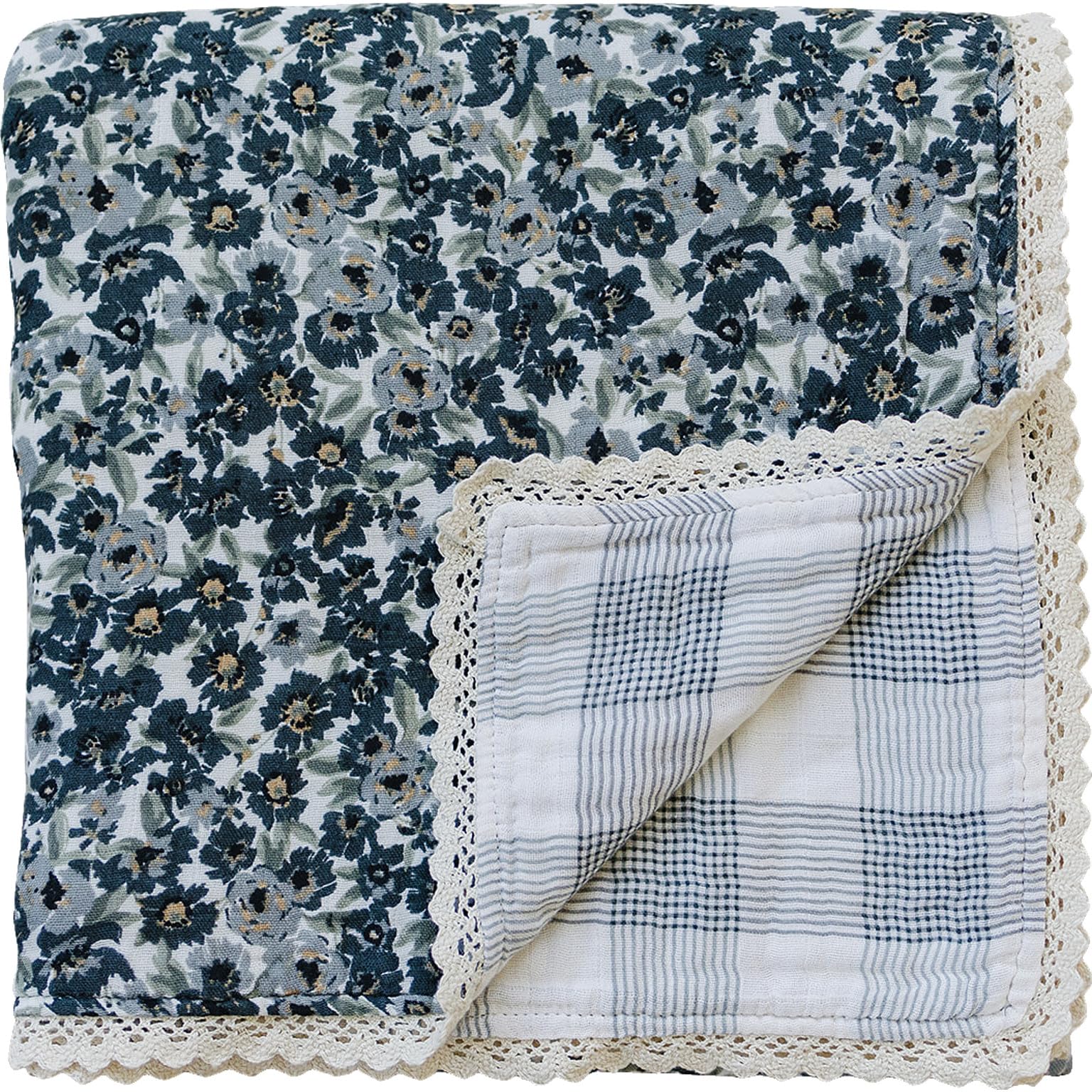 Mebie Baby Quilt, Liberty Floral and Coastal Plaid, 100% Cotton Muslin Baby Blanket for Girls &amp; Boys, Newborns to Toddler, Soft Swaddle Blankets, 47"x47"