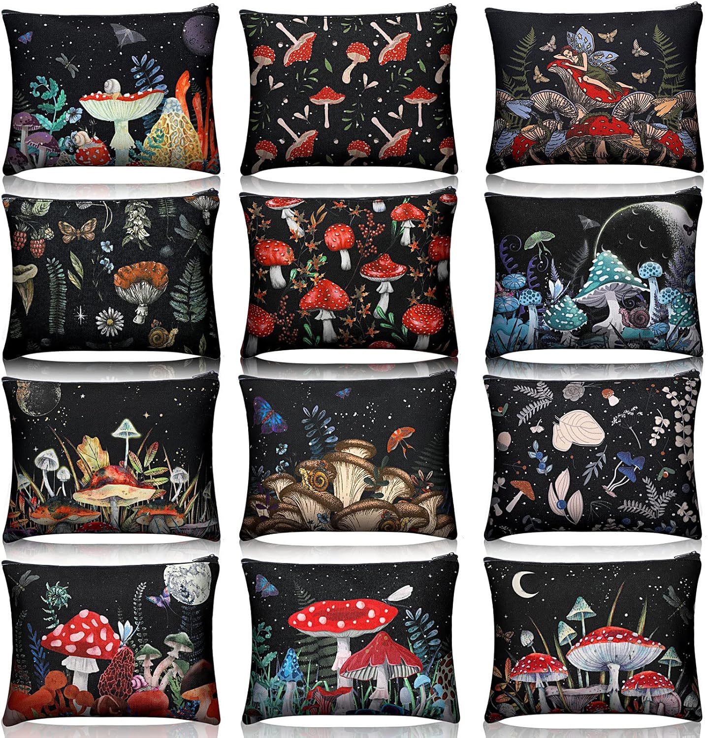 Kajaia 12 Pcs Mushroom Makeup Bags Cute Portable Travel Purse Toiletry Pocket Make up Organizer Storage Zipper Pouch Makeup Brush Cosmetic Bags for Women Adult Aesthetic Stuff