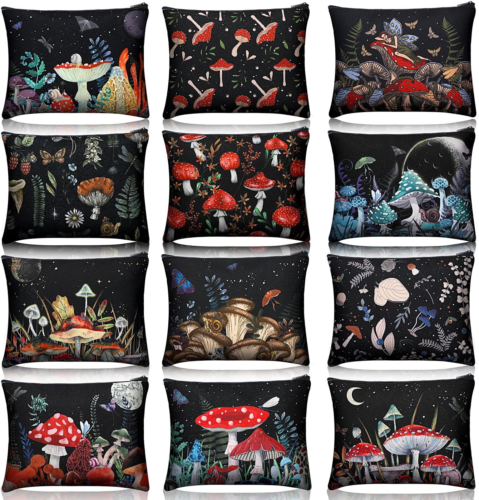 Kajaia12 Pcs Mushroom Makeup Bags Portable Travel Cosmetic Bags Cute Mushroom Purse Toiletry Bags Small Make Up Organizers Storage Zipper Pouch Makeup Brush Bag for Women Adult Aesthetic Stuff, as