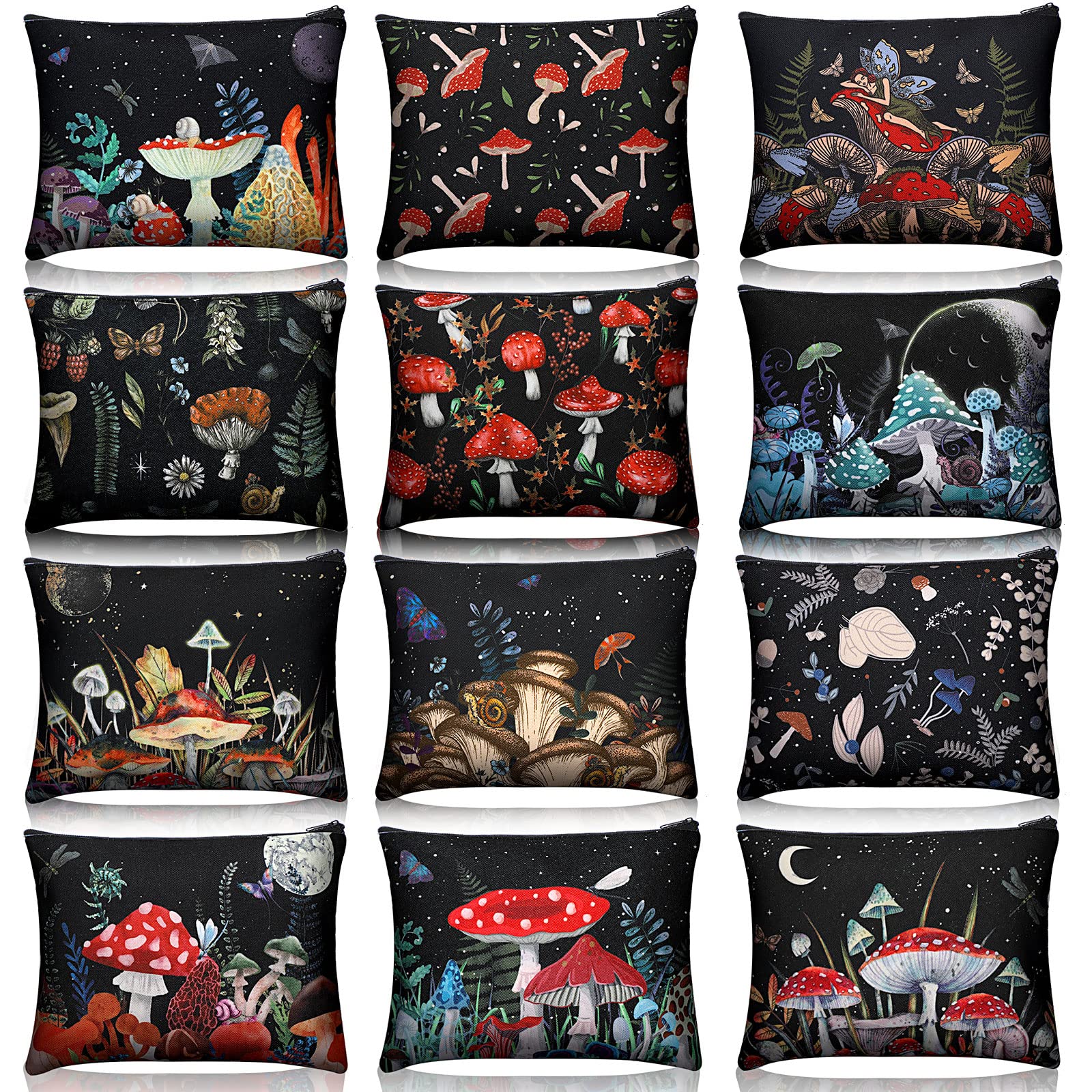 Kajaia12 Pcs Mushroom Makeup Bags Portable Travel Cosmetic Bags Cute Mushroom Purse Toiletry Bags Small Make Up Organizers Storage Zipper Pouch Makeup Brush Bag for Women Adult Aesthetic Stuff, as