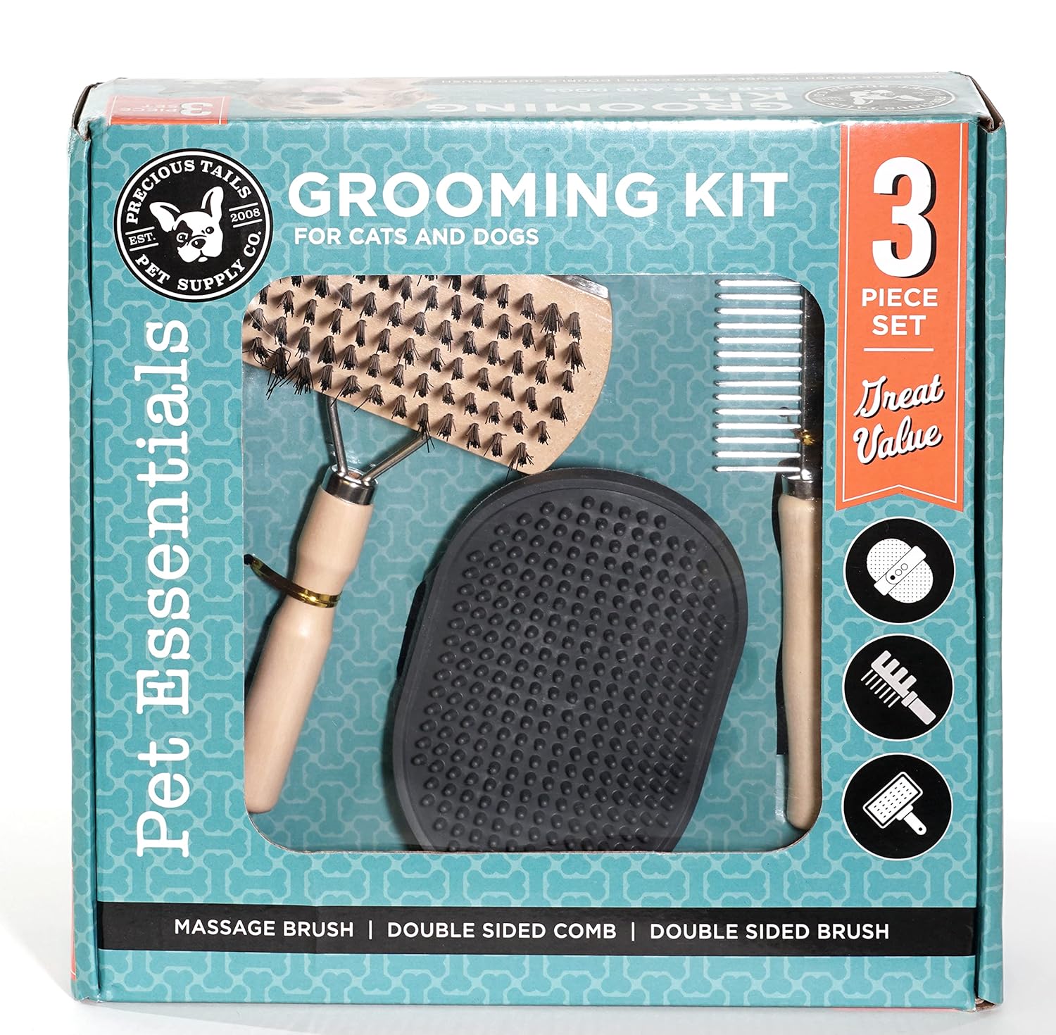 Precious Tails Pet Essentials 3 Piece Grooming Kit for Dogs and Cats, Massage Brush