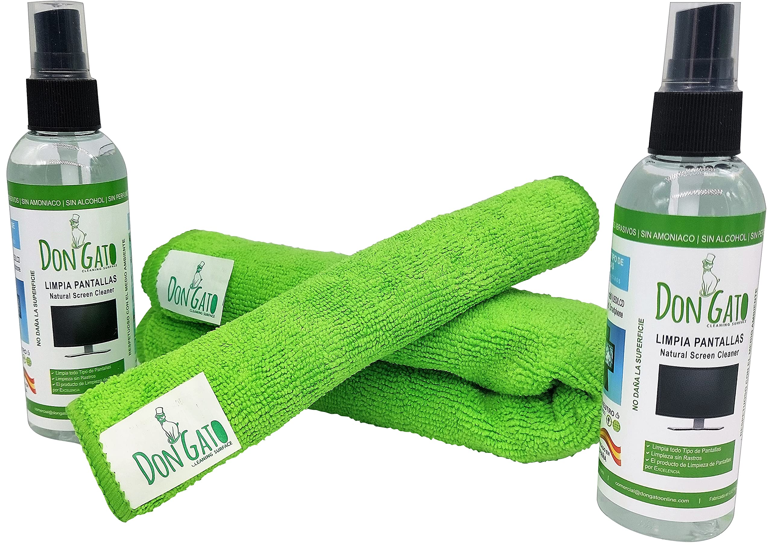 Don Gato – pulizia dello schermo (100ml x 2) + 2 panno in microfibra per TV, Tablet, Computer portatile, LCD, LED, telefono cellulare. Prodotti naturali e rispettoso dell'ambiente.
