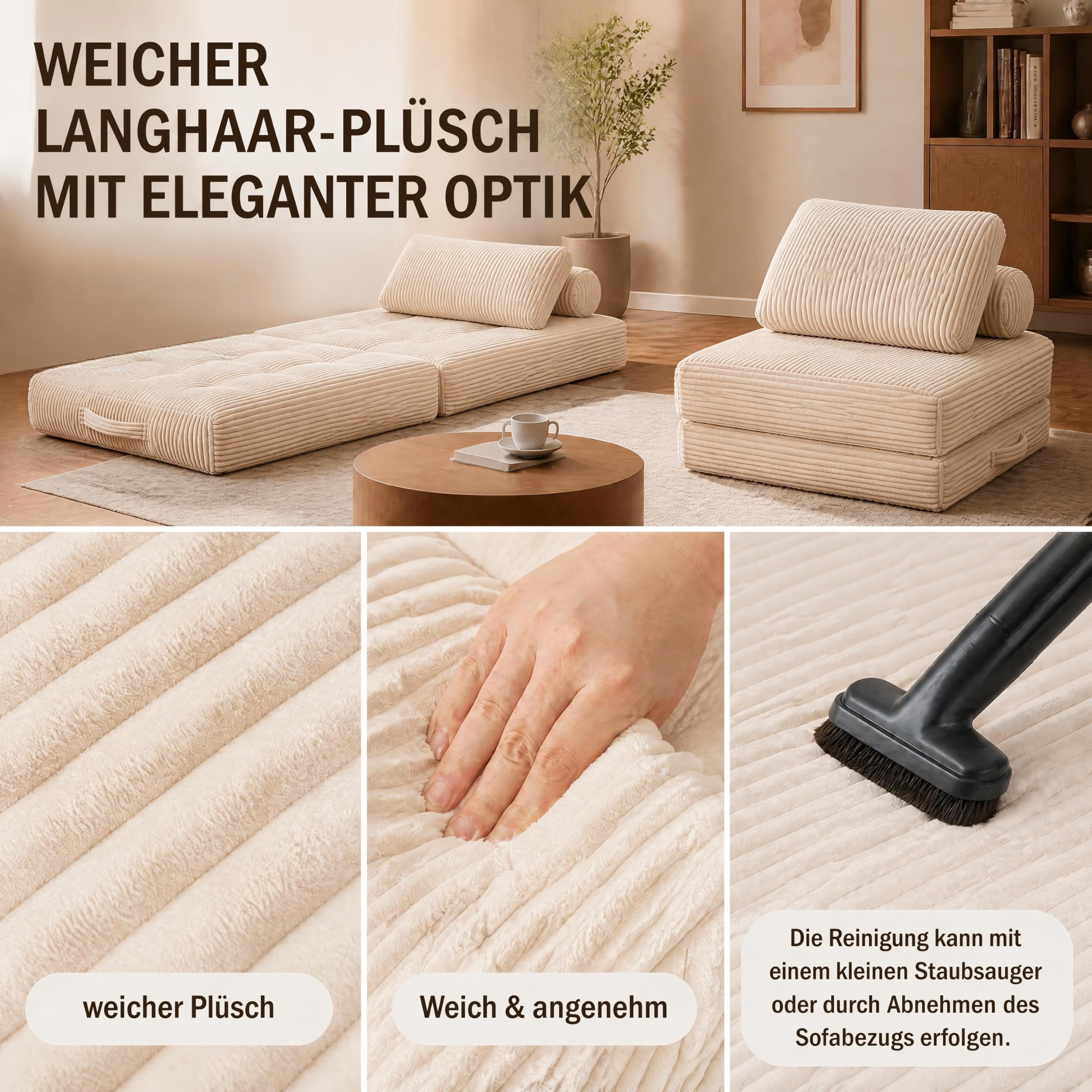 Faltbares Schlafsofa aus Hochflor mit Kopf-Lendenkissen, 192x96cm (Beige)