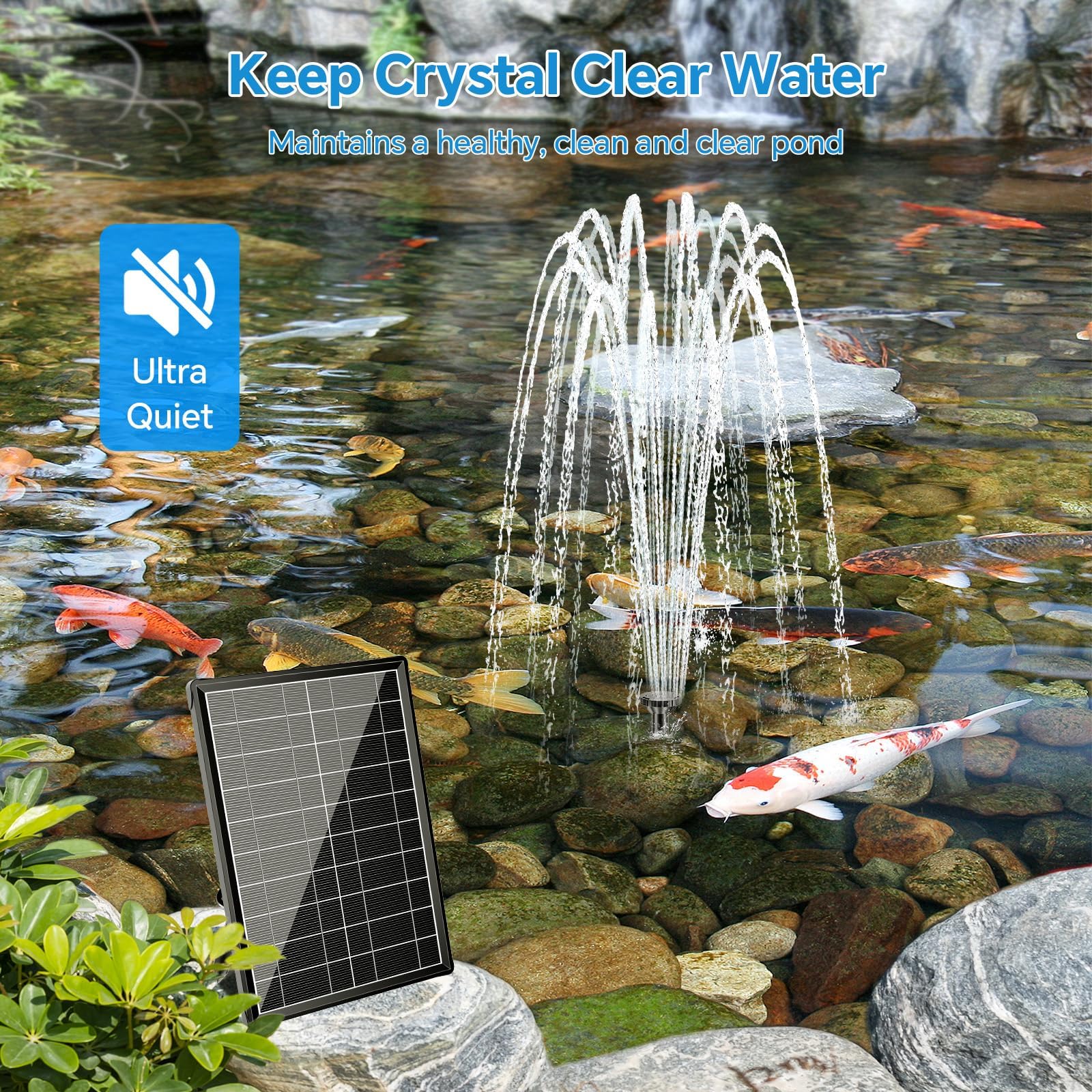 POPOSOAP Solar Fountain Pump with Pond Filter Kit Built-in 3000mAh Battery Backup, 8W Solar Water Fountain Pump, Pond Filters for Outdoor Ponds Bird Baths DIY Water Feature P3081D - 3