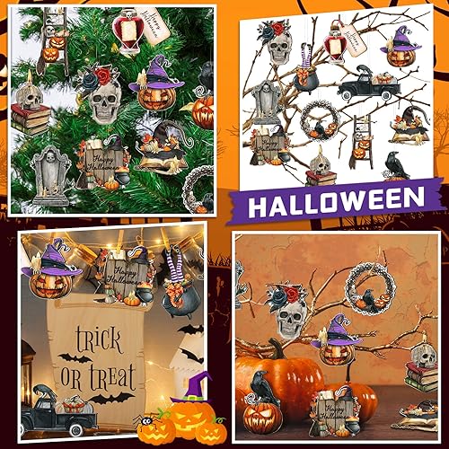 Miniatura 6 de Karenhi 36 adornos navideños de terror para árbol de madera, espeluznante, decoración de Navidad espeluznante para árbol, cráneo, sombrero de bruja,