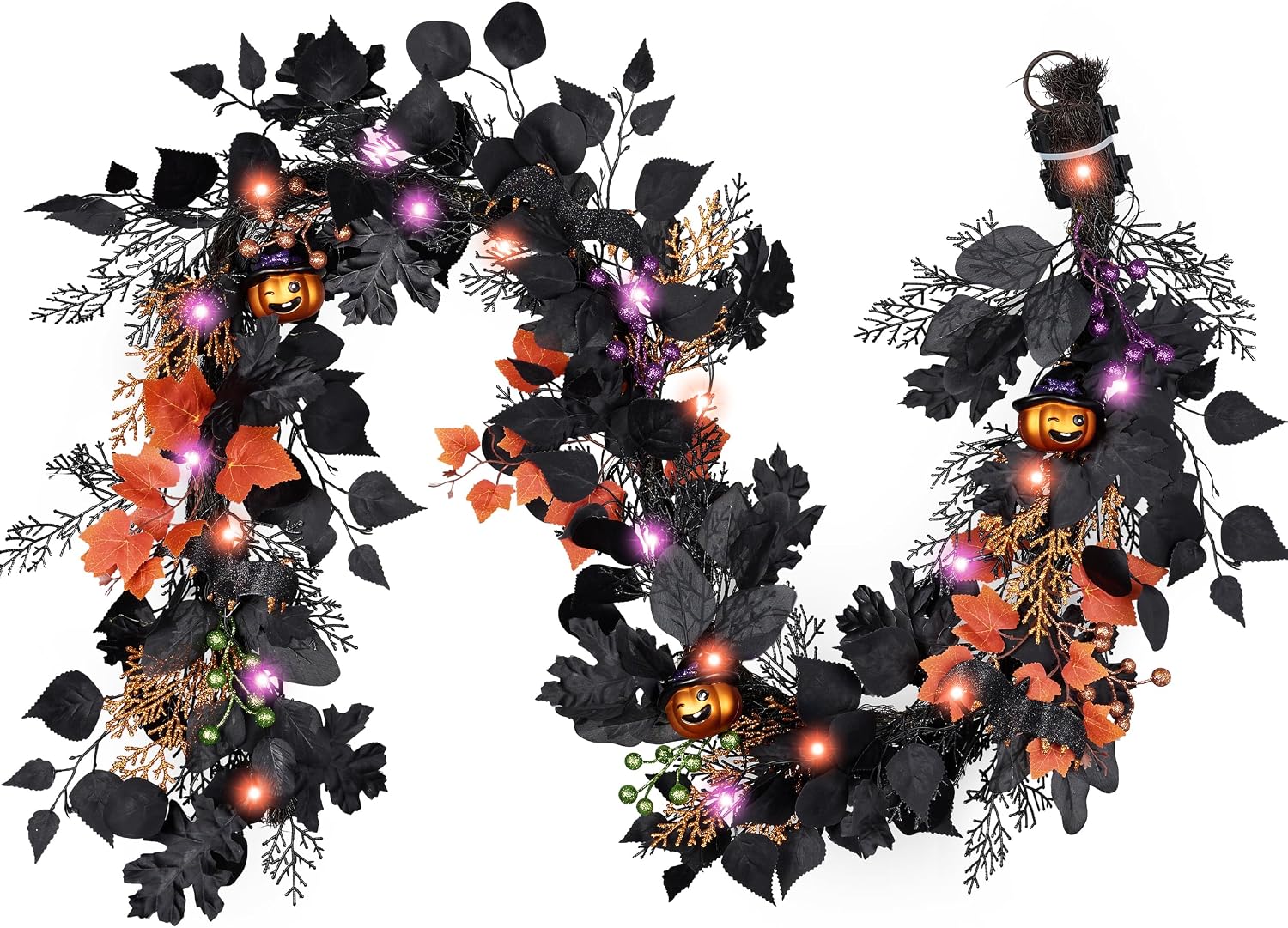 DecorbyHannah Halloween Garland for Mantel, 6ft Spooky Pre-Lit Light Up Black Maple Leaf Jack-o'-Lantern Pumpkins Garland Decorations for Mantel Fireplace Table Home Indoor Outdoor