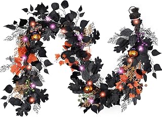 DecorbyHannah Halloween Garland for Mantle with Lights, 6ft Spooky Pre-Lit Light Up Black Maple Leaf Jack-o'-Lantern Pumpkins Garland Decorations for Mantle Fireplace Table Home Indoor Outdoor