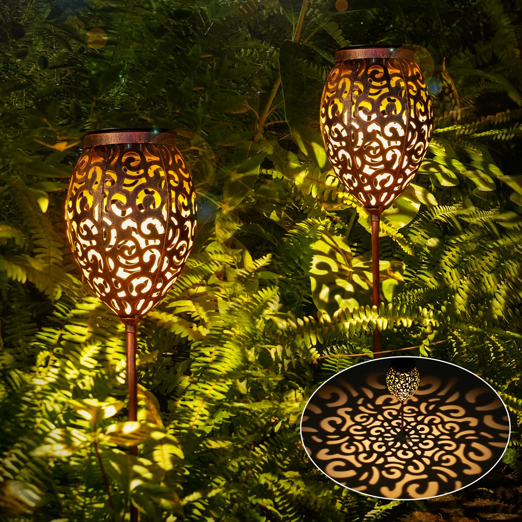Görvitor LED Solarlampen für Außen Garten 2 Stück, Metall Solarleuchten für Außen mit IP65 Wasserdicht, Warmweiß Orientalische Gartenleuchten Solar mit Erdspieß für Terrasse Blumenkasten Balkon