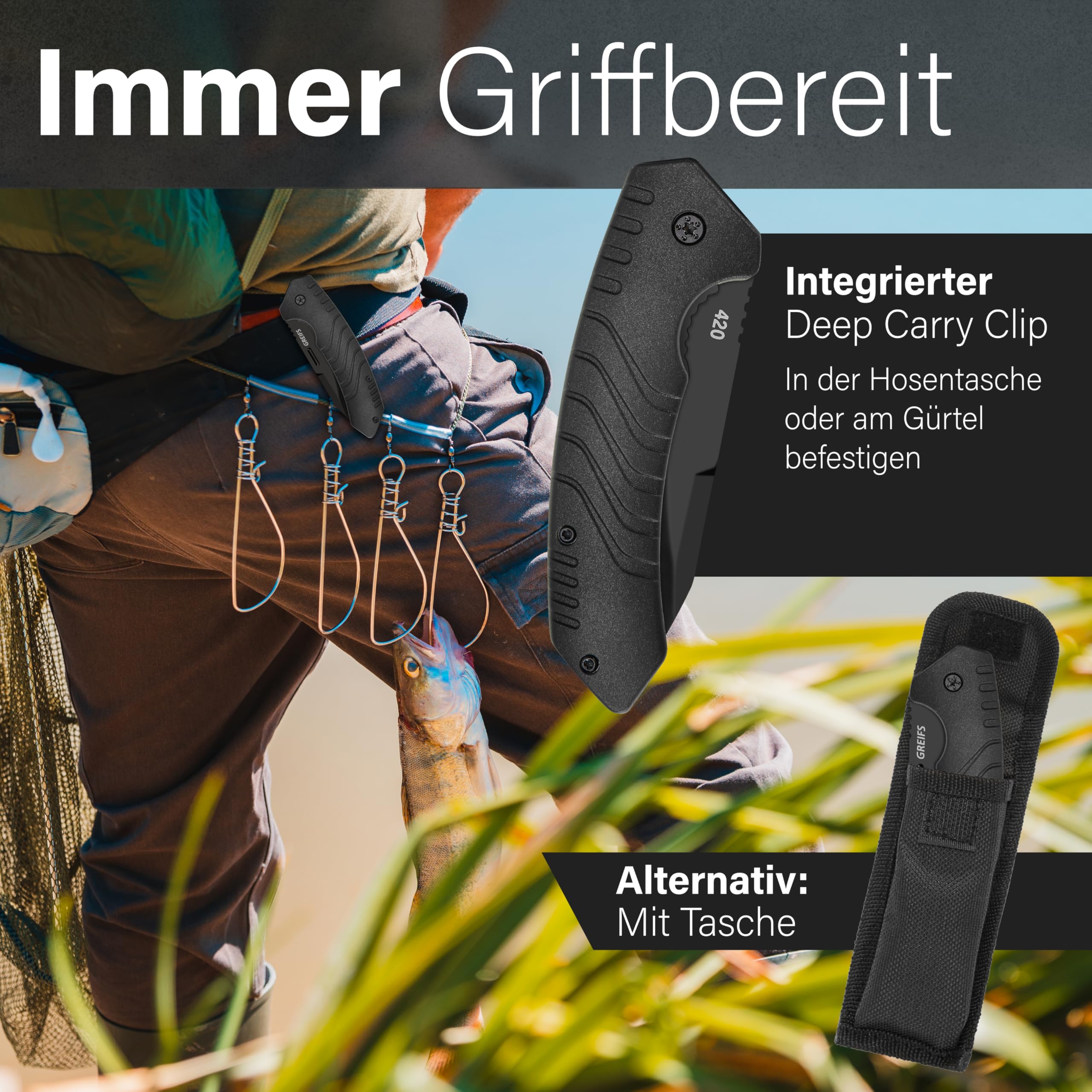 GREIFS® Klappmesser G1 (Zweihandmesser) Messer mit Tasche, Outdoor & Survival Taschenmesser, Überlebensmesser, Jagdmesser (G1+Messerschärfer, Black)