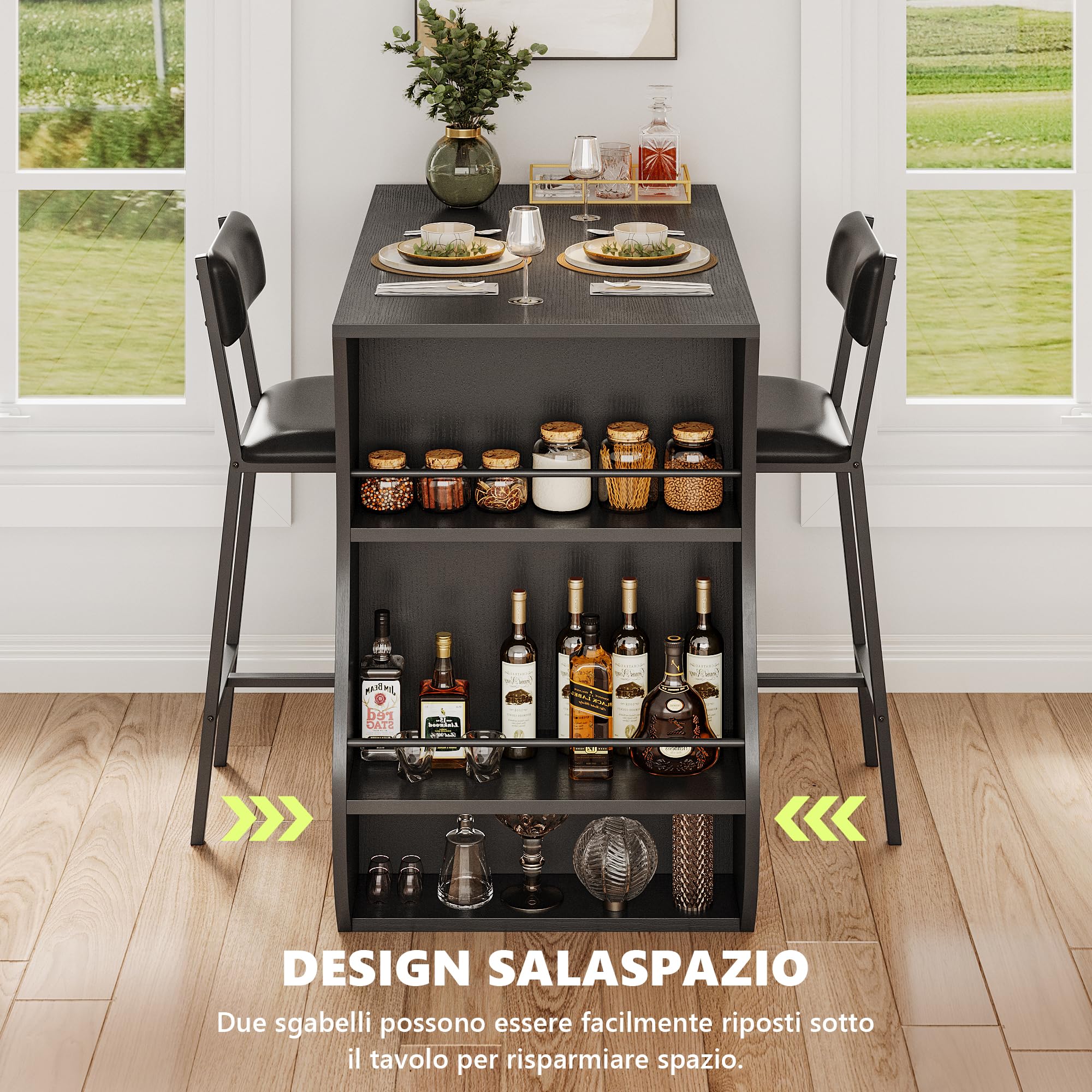 FEONASE Set da 3 pezzi con tavolo da bar e sgabelli con 2 ripiani portaoggetti e portabottiglie per vino, set da cucina Moden con tavolo da pranzo piccolo e sedie, per piccoli spazi, struttura in