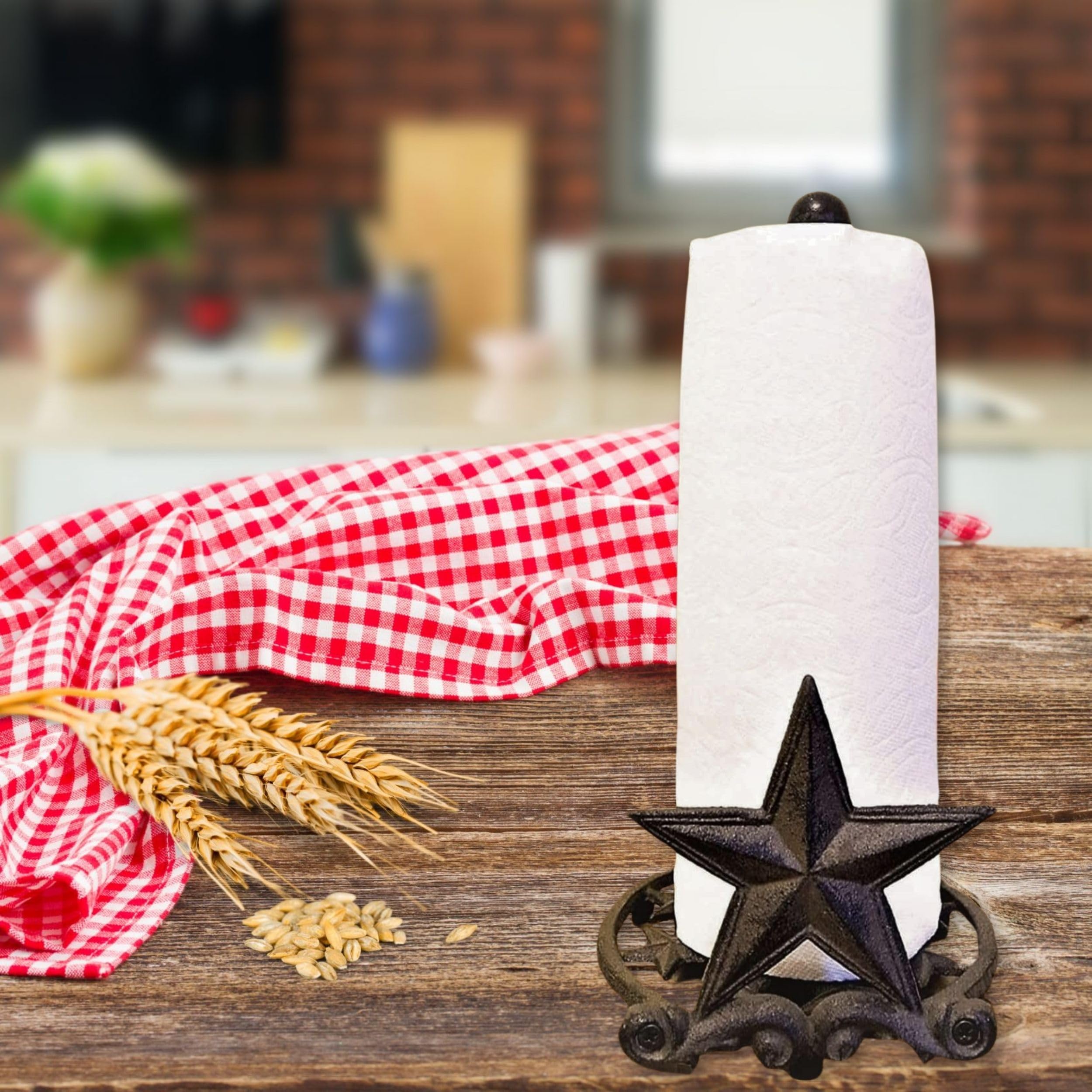 BestGiftEver Metalowy rustykalny uchwyt na ręczniki papierowe z gwiazdami - wolnostojący blat kuchenny dekoracja do domu wiejskiego i stylu zachodniego - wykonany z rustykalnego brązowego żeliwa,