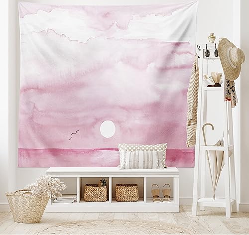 Miniatura 2 de Ambesonne Tapiz de gaviotas, amanecer junto a la playa, pájaros volando hacia el horizonte, estilo acuarela, colgante de pared ancho para